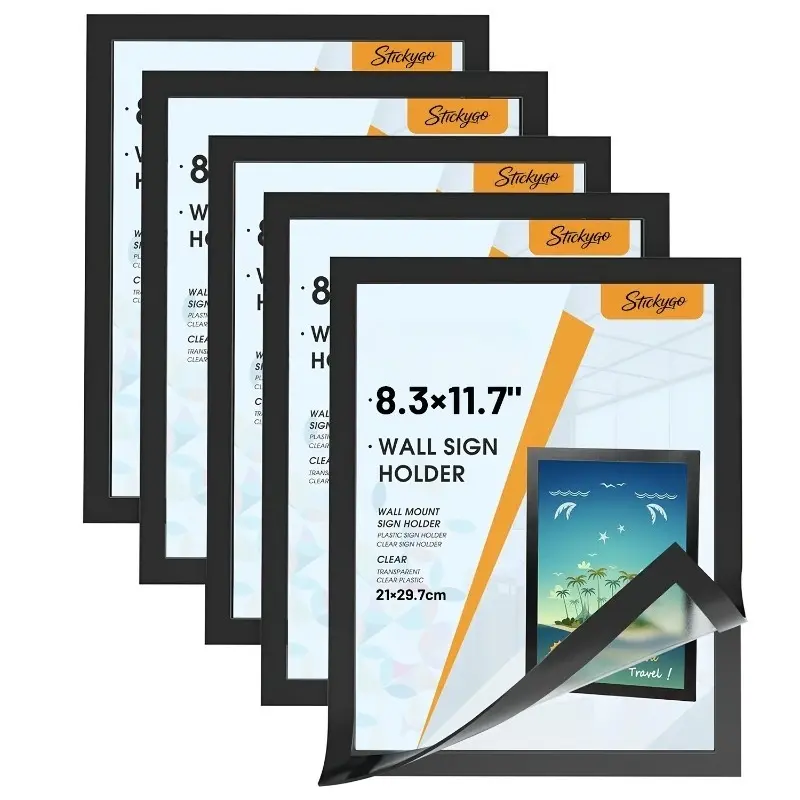 A4 Magnetic Sign Holder 8.3 X 11.7 Inch Wall Mount, 5 Pack Self-Adhesive Display Photo Picture Frames with Strong Magnetic Border and Clear PVC, Document Poster Paper Holder for Home Office Store Decor