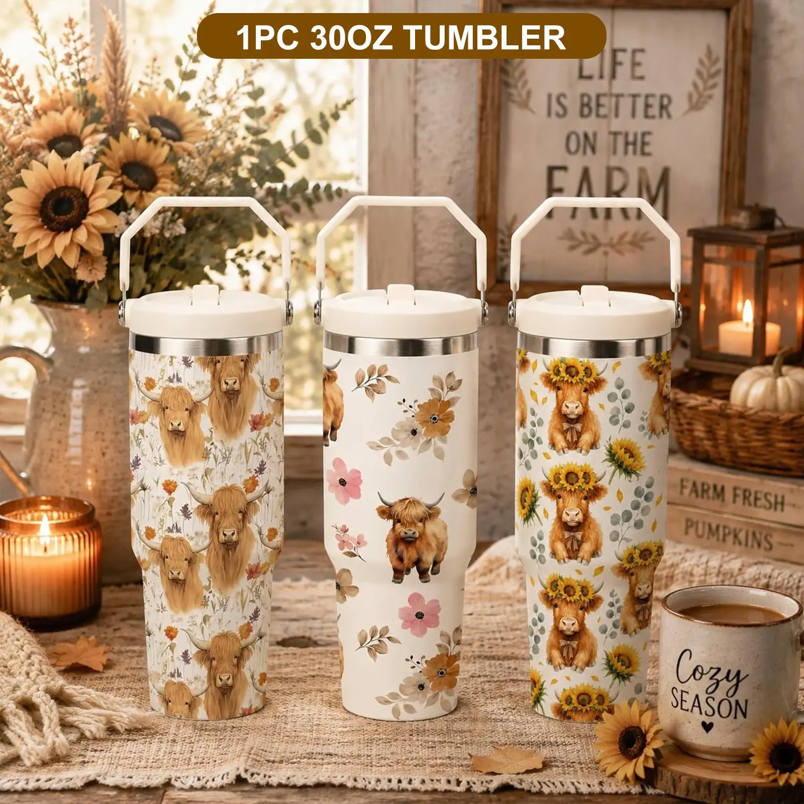 30oz Highland Cow Tumbler with Handle, Cute Cow Floral Print Insulated Travel Cup, Sunflower Meadow Aesthetic Coffee Cup, Cozy Farmhouse Style Water Bottle, Stainless Steel Reusable Cup, Cottagecore Gift for Cow Lovers, Country Girl Birthday Gift, Summer