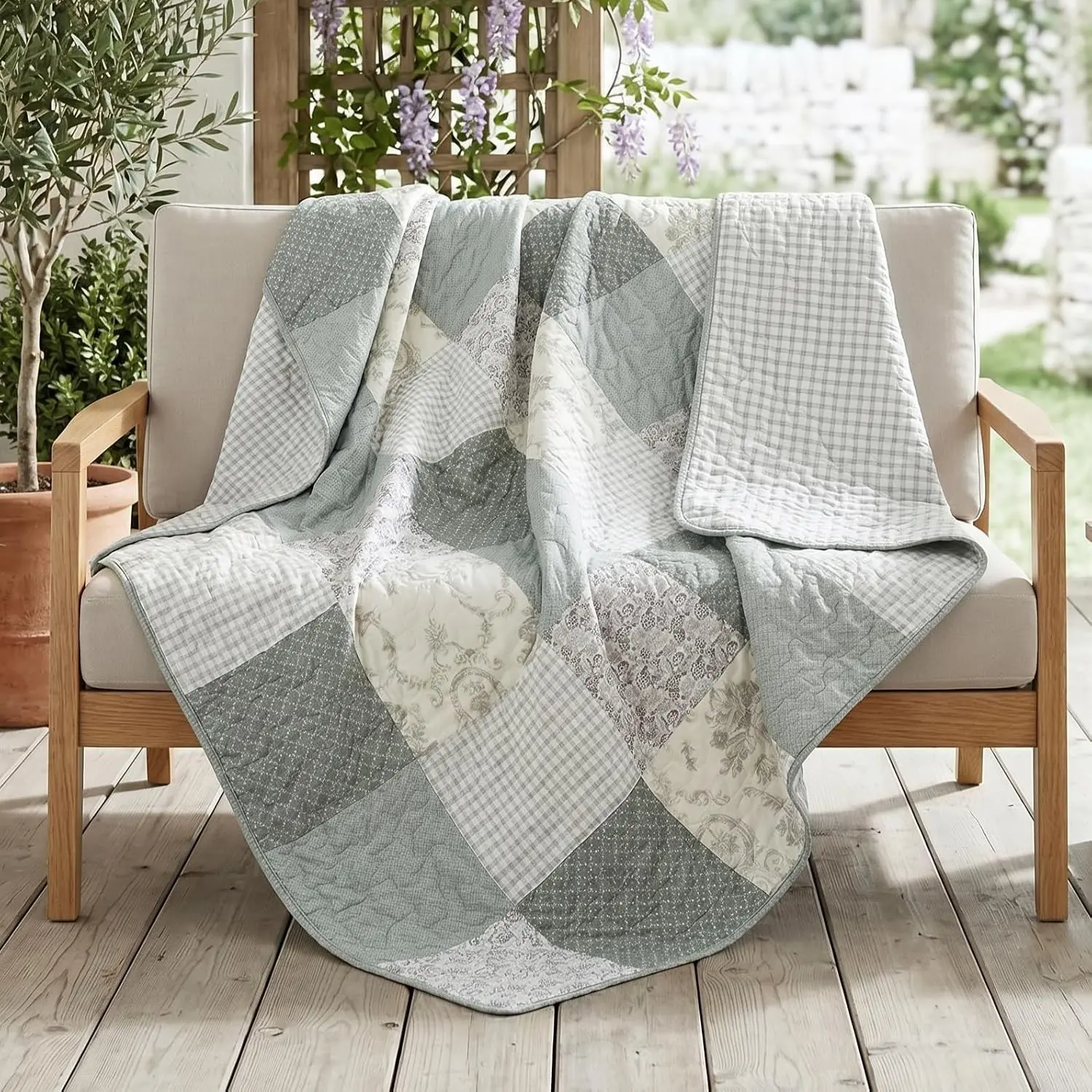 Cotton Quilted Throw Blanket, 50"x60" Sage Green, Memory Lane | Modern Farmhouse Lap Quilt for Couch, Lightweight Small Patchwork Blanket, Cozy Patch Work Quilted Throw for Bed
