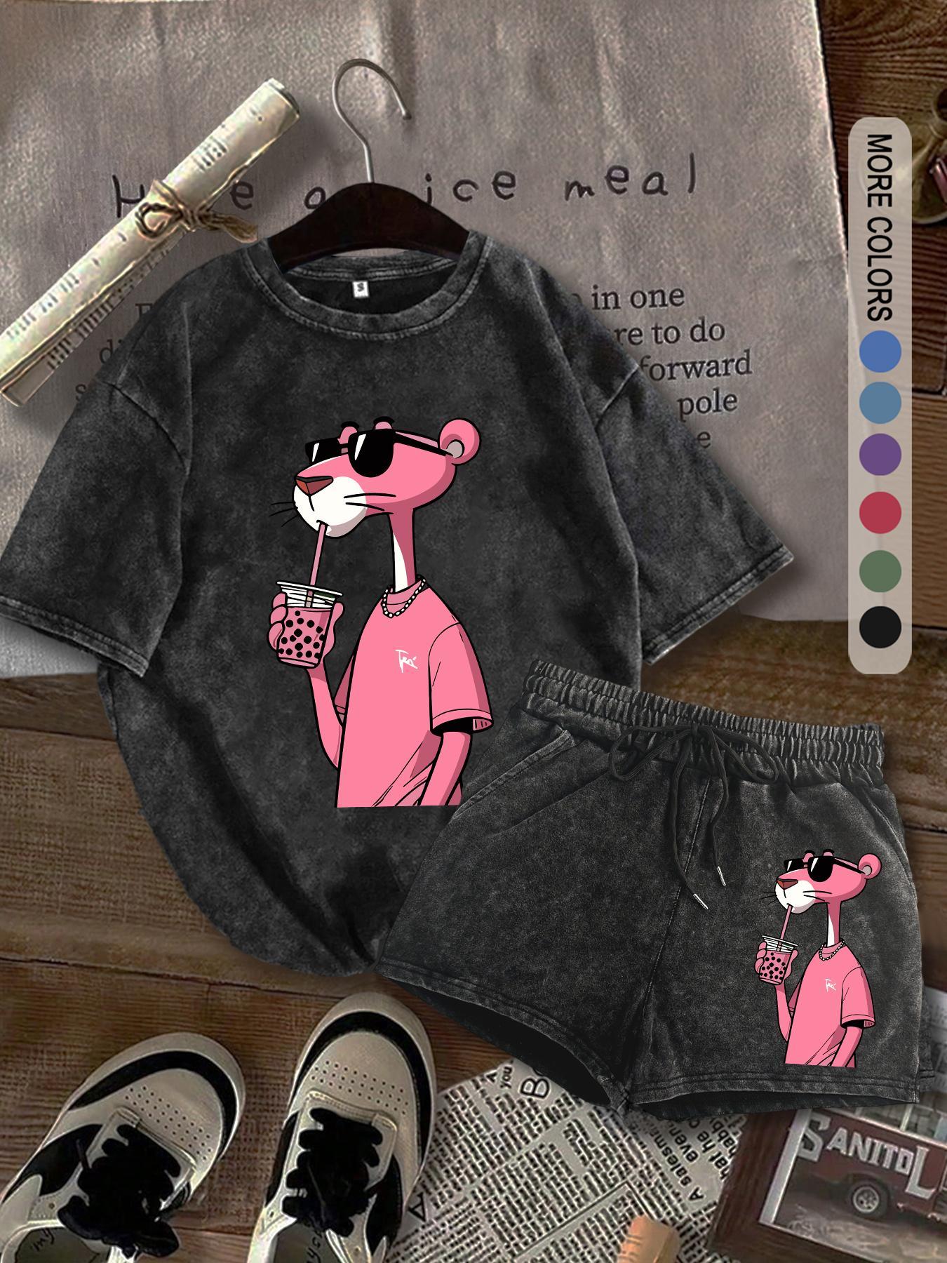 Two-piece Set Women's Panther Print Tee & Shorts, Casual Short Sleeve T-shirt & Shorts, Ladies Two-piece Outfits for Daily Wear, Clothes, Womenswear, Fitted, Crewneck Summer Beach Set, Shorts Sets