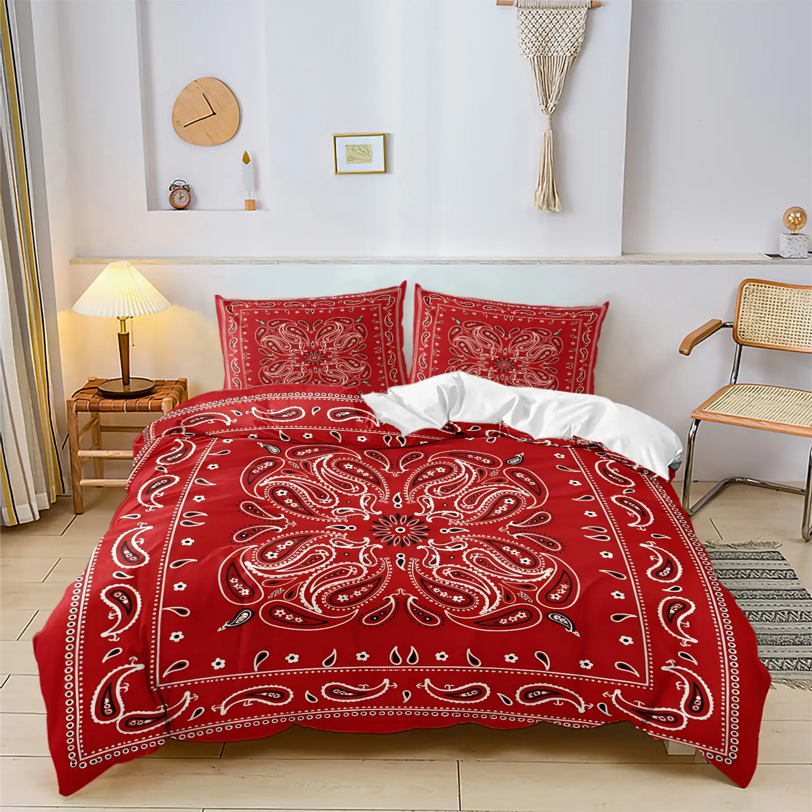 Red Paisley Bandana Print Duvet Cover Set, Includes 1-2 Pillowcases, Classic White Paisley Pattern Red Boho Bedding Set All Size, Soft Comfortable Bed Duvet, Stylish Boho Western Bed Set, Decor For Bedroom And Guest Room