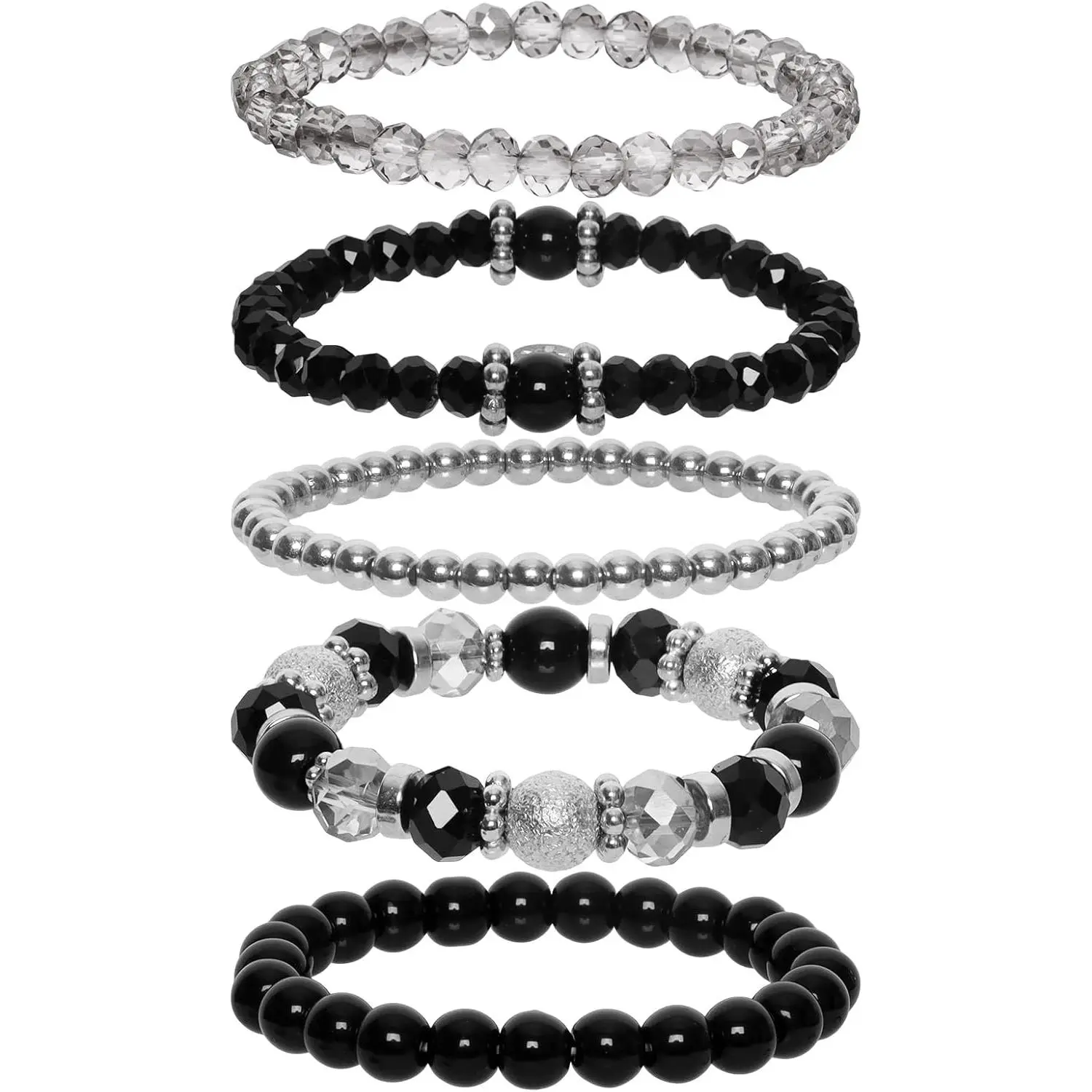 Women's 5-Pcs Black Crystal Beaded Stretch Bracelets, Multilayer Stack Party-Ready Costume Jewelry for Adults, Bohemian Trendy Female Wear Disco Ball Bead Accessories