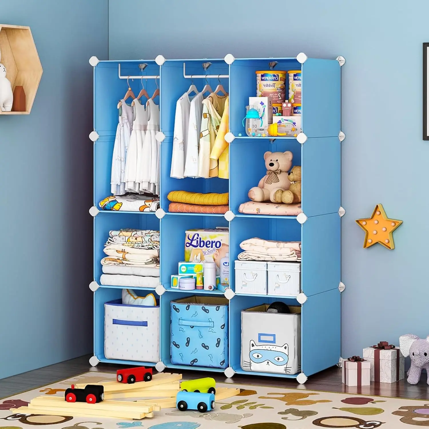 Baby Dresser, Kids Closet Organizers, Portable Kids Wardrobe for Closet, Bedroom, Nursery, Cubby, Cabinet, Clothes, Dress, Baby Storage Shelf, Armoire Clothes Hanging (Blue)