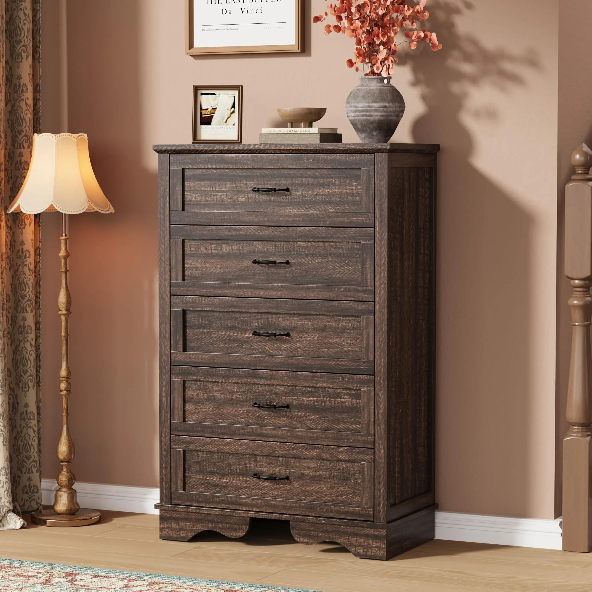 Space-Saving Tall 5-Drawer Dresser Chest - Modern Narrow Bedroom Storage Cabinet - Sturdy Vintage Mid Century Furniture - Easy Assembly - Warm Brown