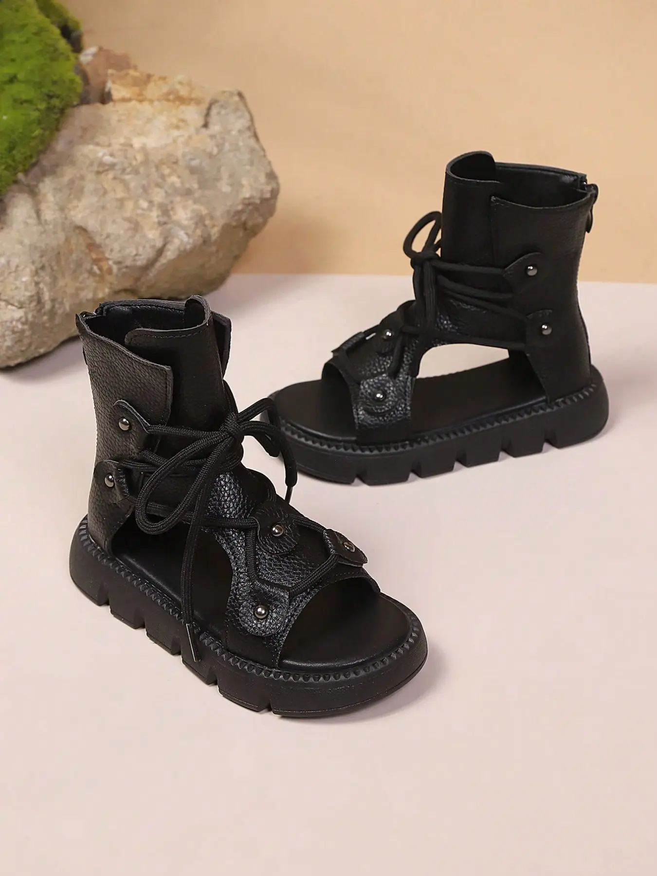 PU Leather Punk Sandals for Girls, High-Top Boots with Rivets, Non-Slip Thick Sole, Street Style, School & Casual Wear