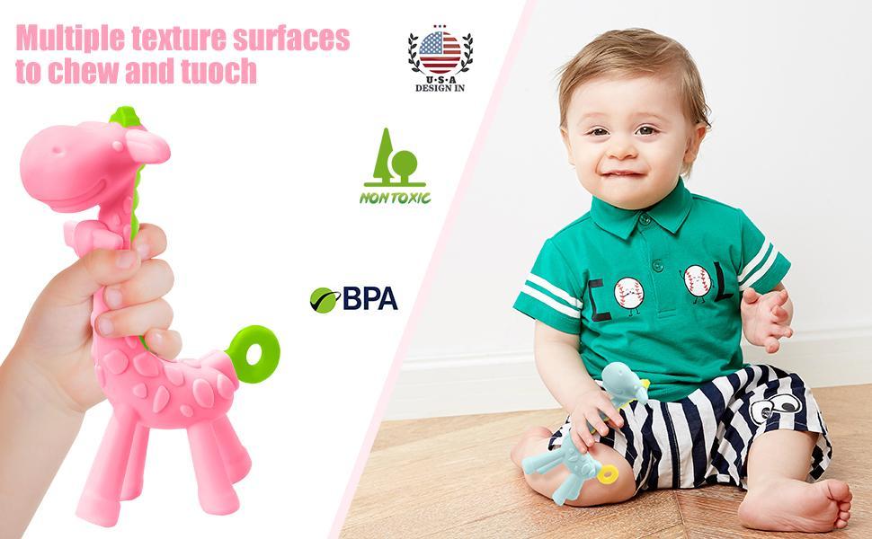 Silicone Giraffe Baby Teether Toy with Storage Case, for 3 Months Above Infant Sore Gums Pain Relief and Baby Shower, Baby Teething Toys (Yellow)