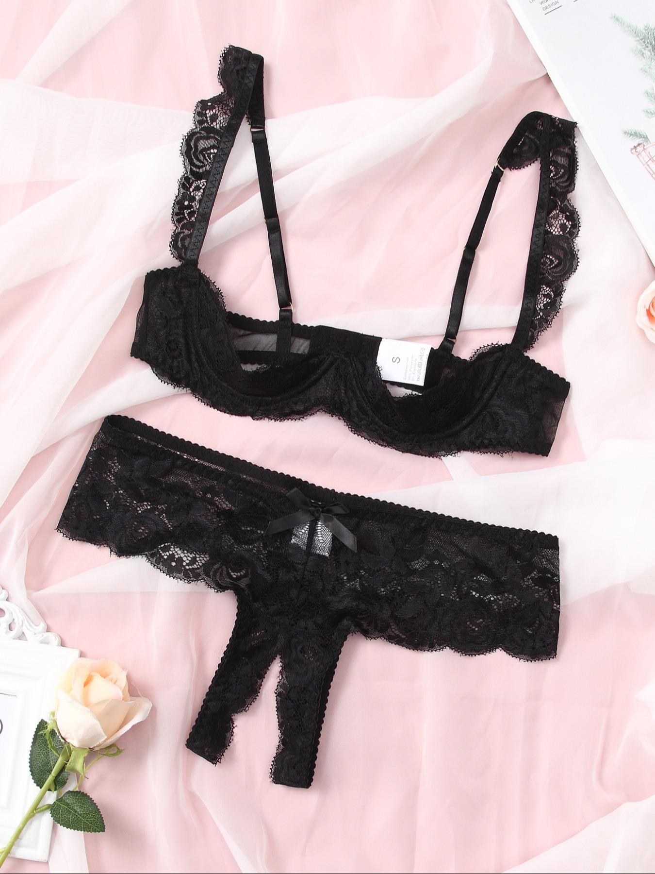 Women's Solid Adjustable Strap Bra & Thong Set, Sexy Casual Soft Comfy Breathable Lace Lingerie Set for Daily Wear, Ladies Underwear Set for All Seasons