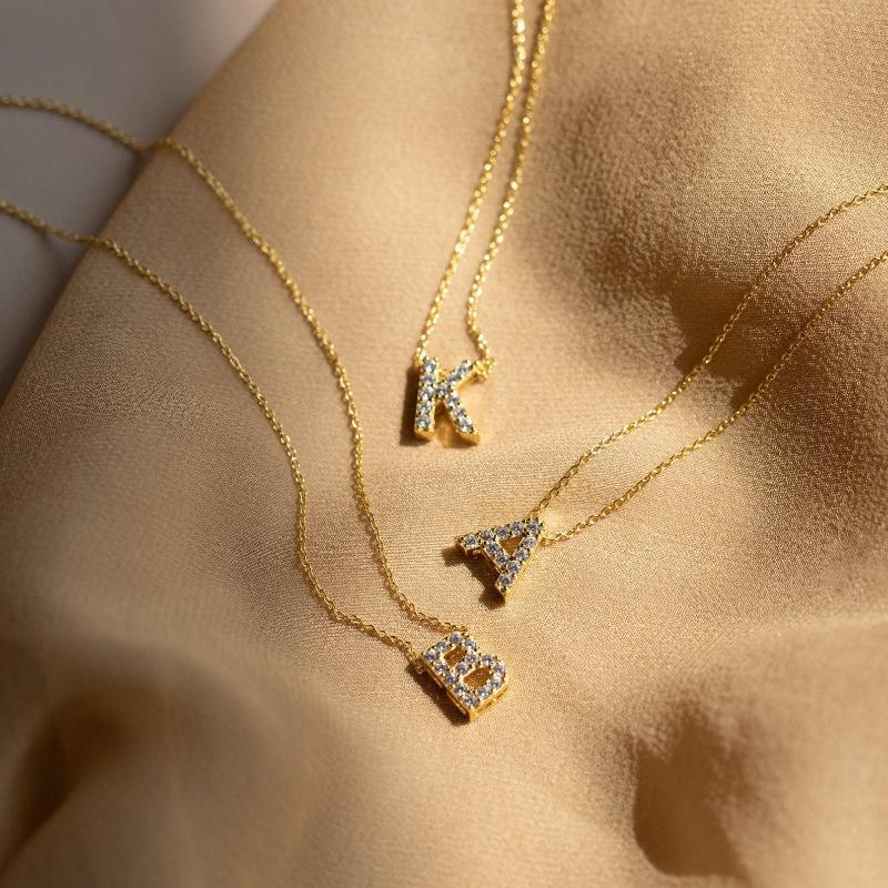 Dainty Pave Letter Necklace by Caitlyn Minimalist - 18K Gold Plated Initial Necklace - Custom Diamond Letter Pendant Necklace with Mirror Chain - Everyday Layering Necklace - Personalized Jewelry - Gift for Her.
