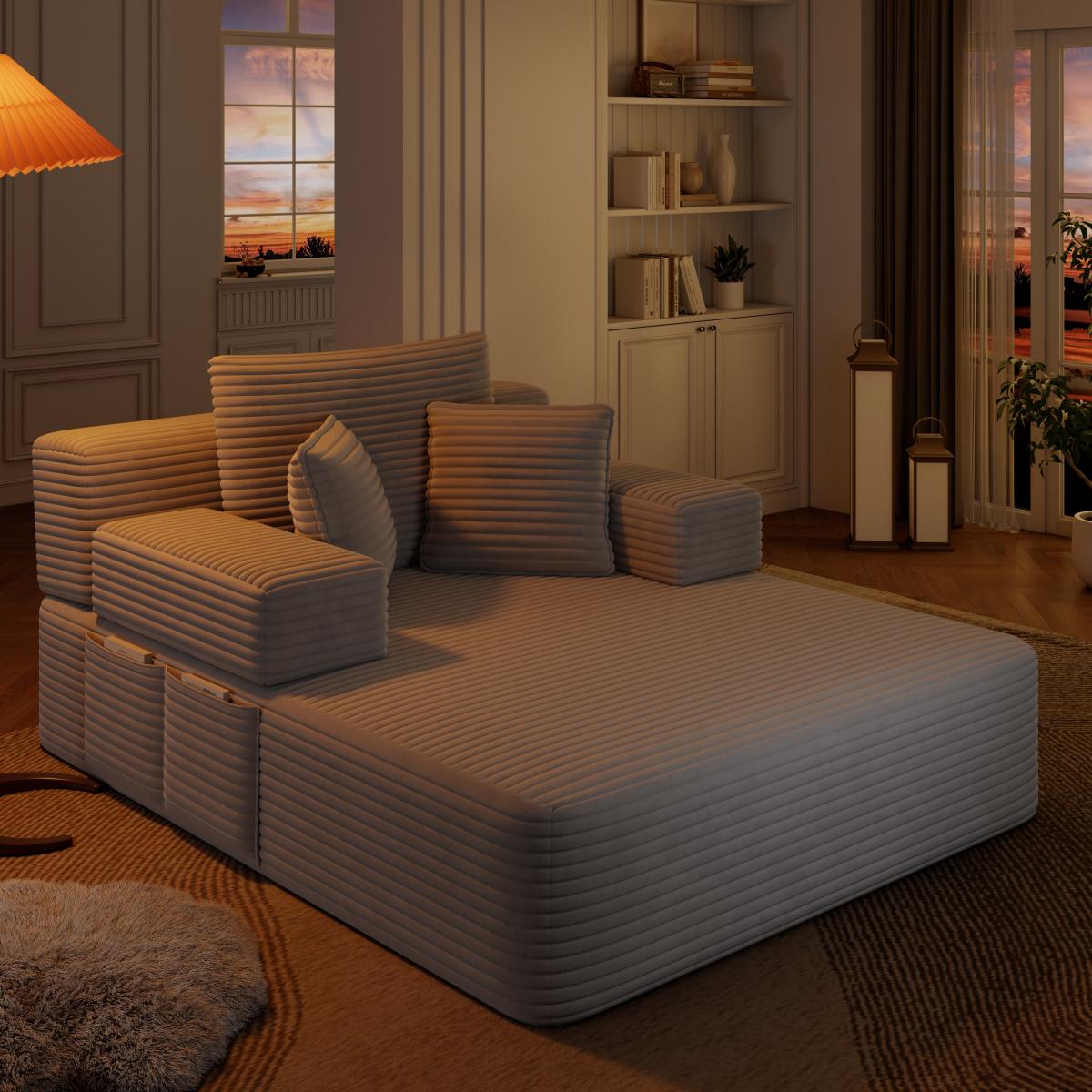 Luxurious Plush Corduroy Chaise Lounge with 3 Pillows, Convertible Sofa Bed with Storage Pocket, Frameless Design & Compression Foam for Small Spaces, Living Room, Apartment,Light Grey