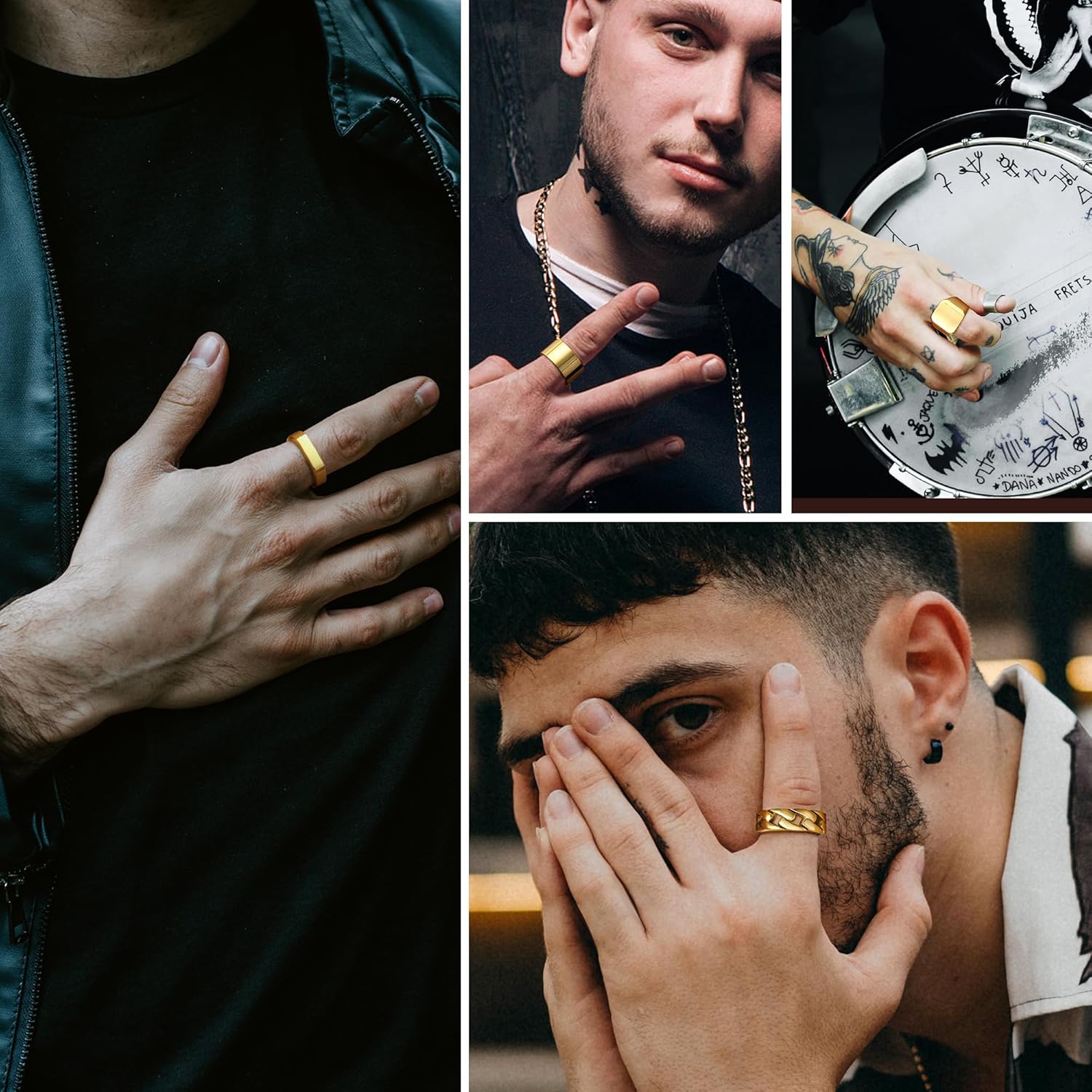 5 PCS 14K Gold Rings for Men Mens Gold Ring Mens Stainless Steel Rings Square Signet Rings Pinky Thumb Ring Chunky Thick Band Cuban Link Chain Ring Cool Finger Ring Wedding Band Ring for Men(Size 7-15)