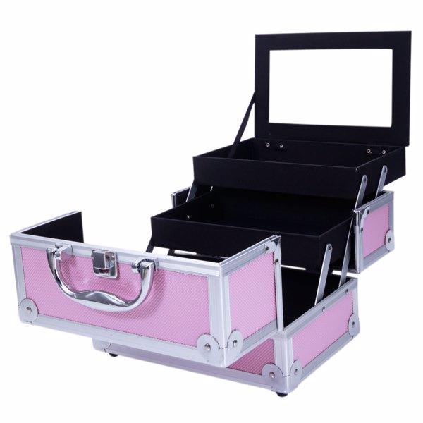 SM-2176 Aluminum Makeup Train Case Jewelry Box Cosmetic Organizer with Mirror 9"x6"x6" Pink