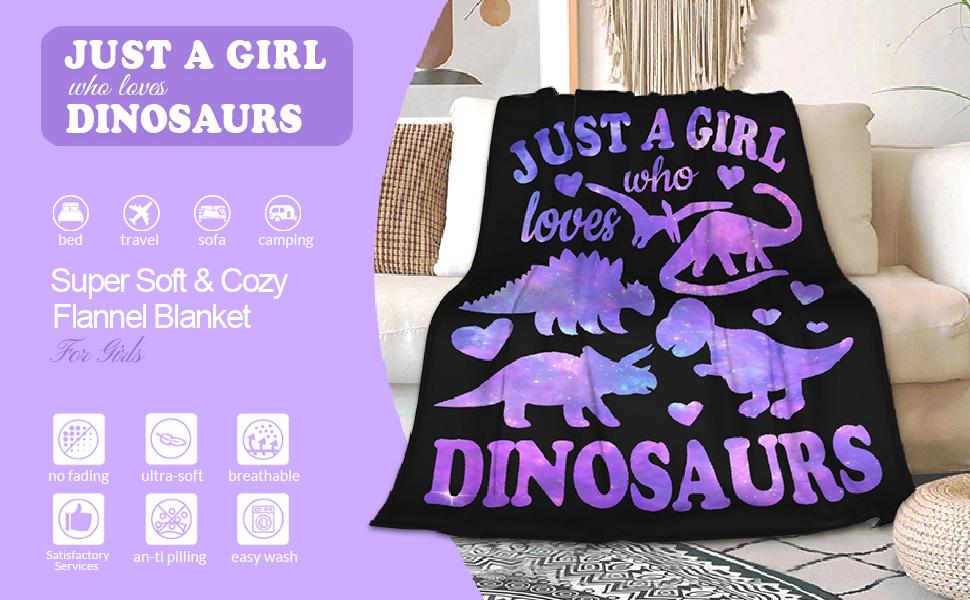 Dinosaur Custom Blanket for Girl Women-Just A Girl Who Loves Dinosaurs Personalize Flannel Lightweight Throws Gift for Dino Lover Birthday Graduate Blankets for All Season Chair 60"x50" for Teen