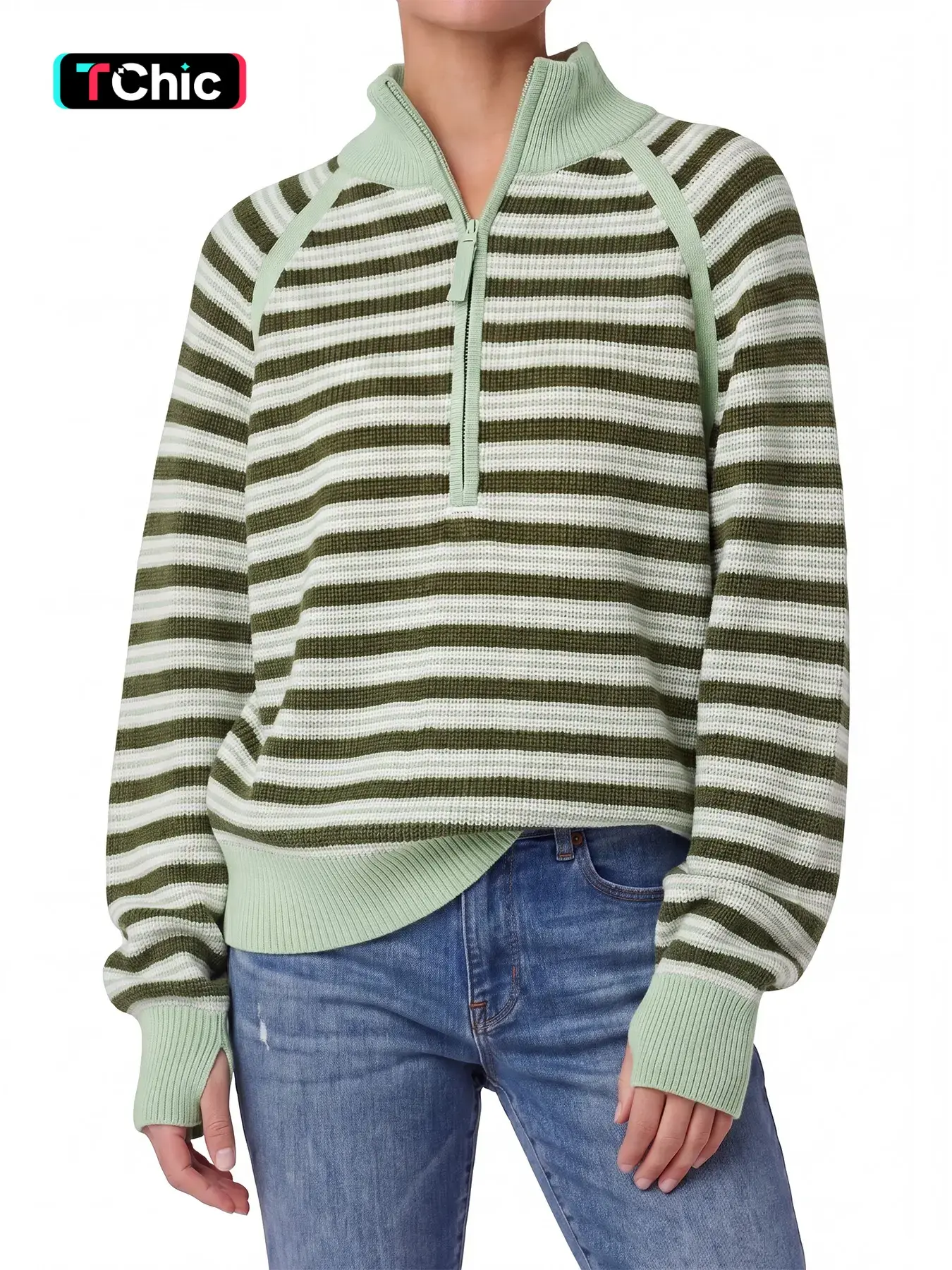 Women's Striped Stand Collar Pullover Half-Zip Loose Fit Casual Long Sleeve Raglan Sleeve Sweater with Thumbholes, Comfortable and Stylish