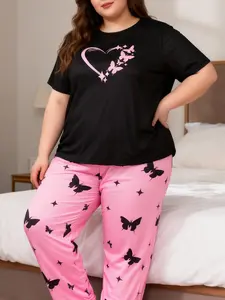 Women's Plus Size 2-Piece Pajama Set, Casual Loose-Fitting Short Sleeve Long Pants, All-Over Print, Fashionable Home Wear, All Seasons