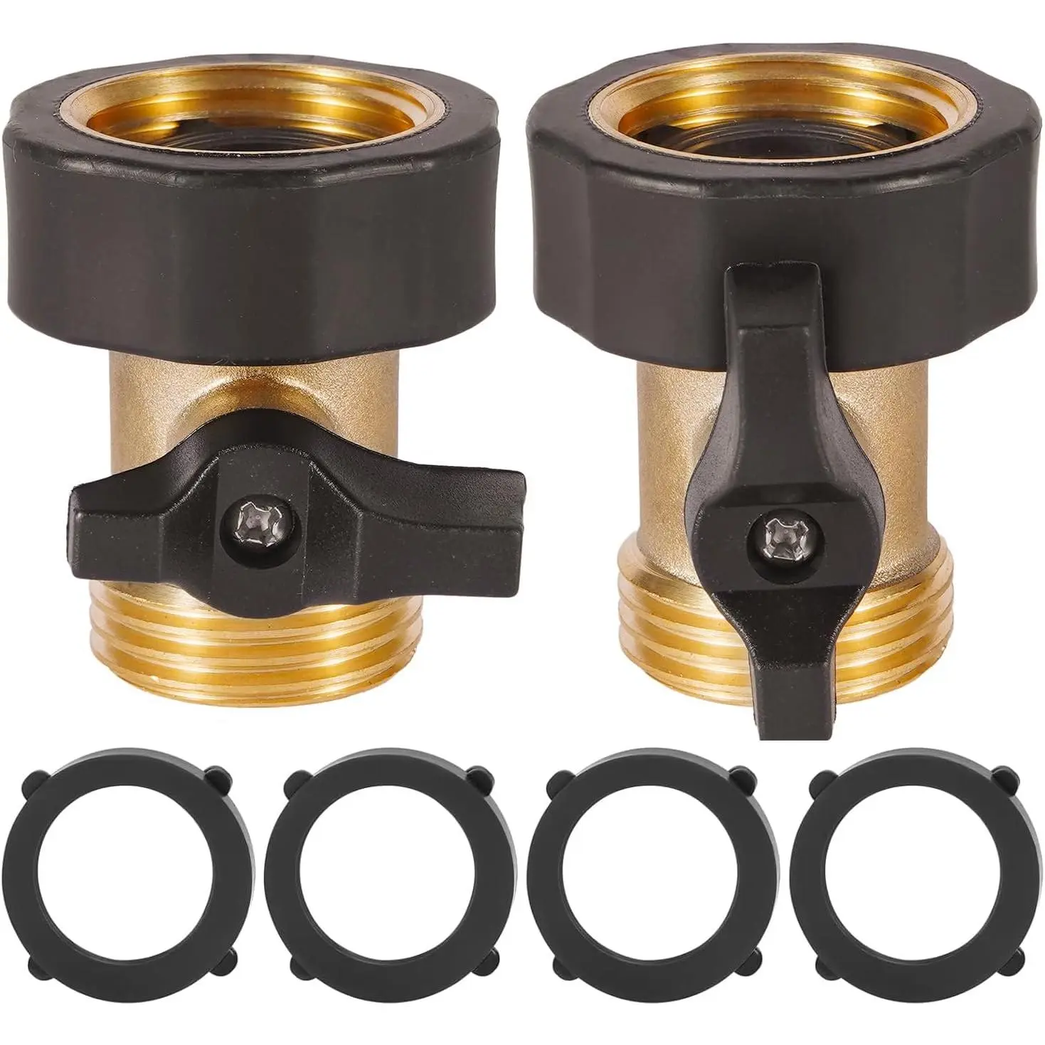 2 Pack Garden Hose Shut Off Valve, Easy Grip Rubber Handle, 3/4" Heavy Duty Solid Brass Fittings Water Hose Shutoff Valve with 4 count Hose Washers