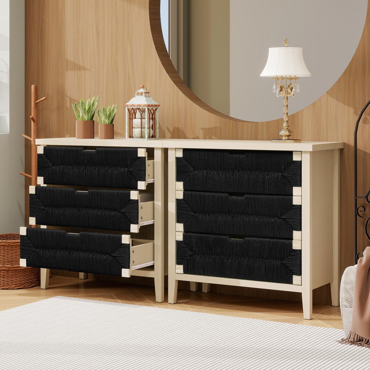 3 Drawer Buffet Sideboard with Adjustable Shelves, Storage Cabinet with Hand-woven rope decorated drawers for Living Room Kitchen Entryway