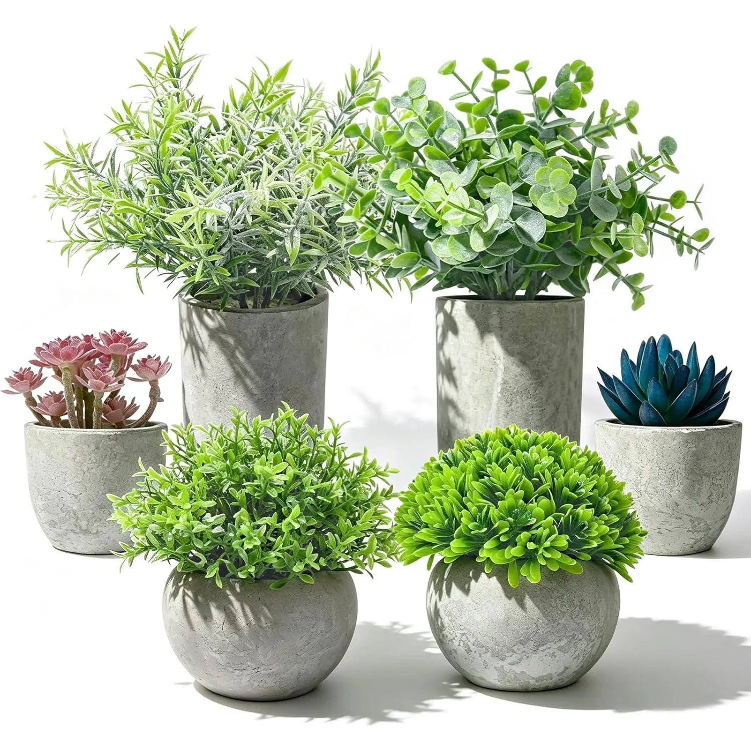 6 Pack Small Fake Plants, Artificial Plants Indoor Eucalyptus/Four-Leaf Clover/Succulent Light Purple/Succulent Blue/Thousand Layer Grass, Snake Tongue Grass Plants, For Home Bathroom Office Decor
