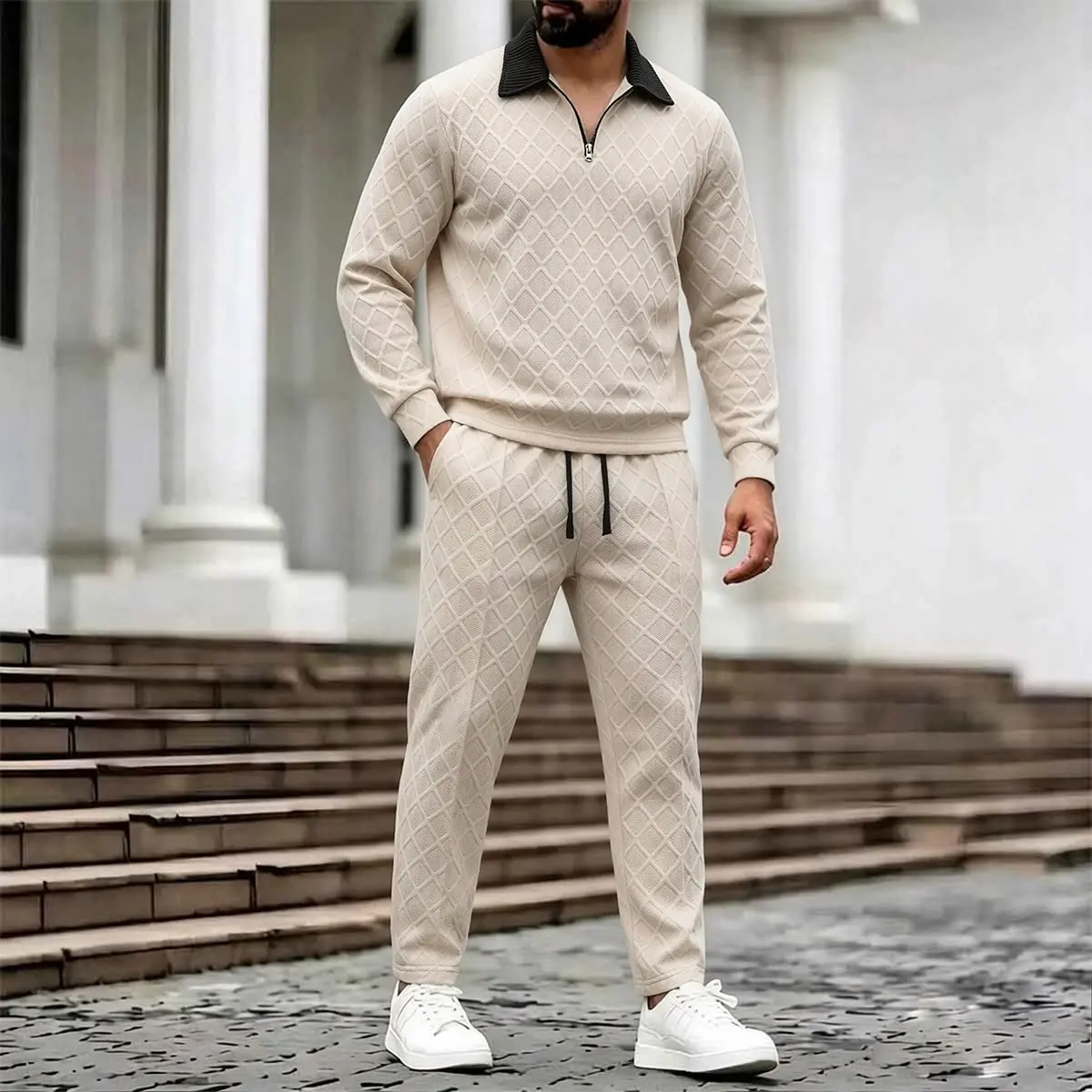Men Diamond Jacquard Contrast Collar Polo 2 Piece Tracksuit Set, Half Zip Long Sleeve Sweatshirt & Drawstring Cuffed Ankle Pants, Solid Khaki Casual Daily Street Outfit for Men