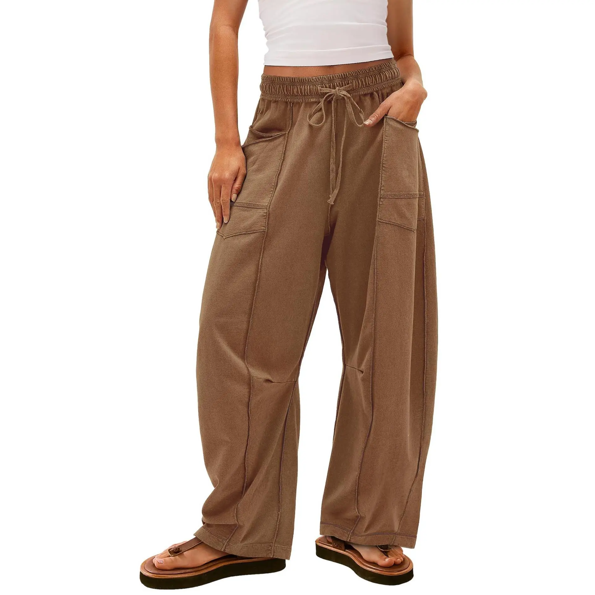 Women's Retro Cargo Bottoms - Vintage Washed Basic Fabric Streetwear, High-Waist Wide-Leg Crop Fit, Contrast Stitching, Elastic, Breathable, Casual, Comfy, Adjustable, Matching, Soft