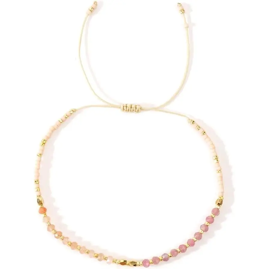 Beaded Bracelet  Stone & Glass Beads Adjustable Sliding Knot Minimalist Two-Tone  Accent Stackable Delicate  for Women Everyday Wear