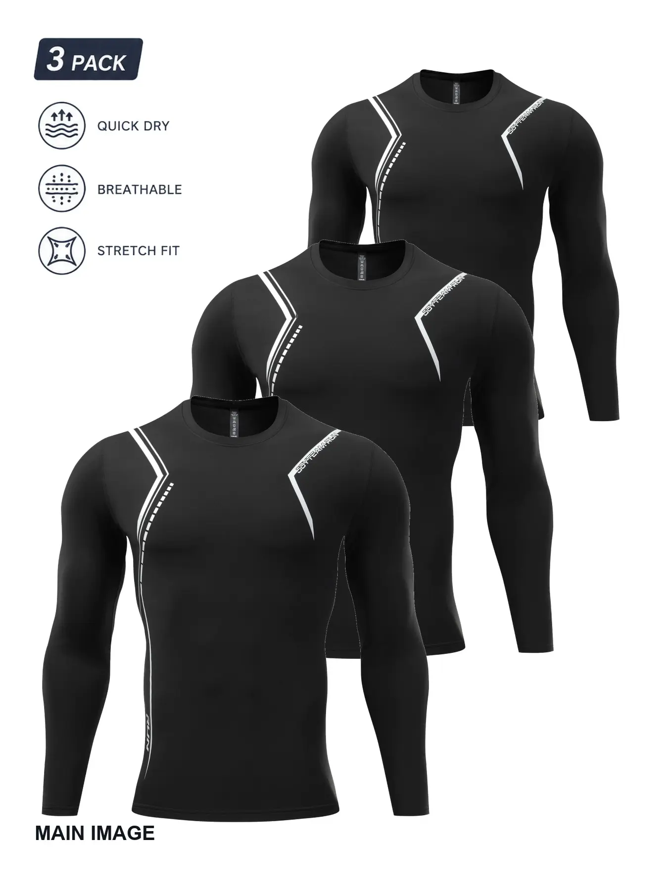 3-Pack Men’s Long Sleeve Compression Shirts, Black Quick-Dry Breathable Stretch Athletic Base Layer Tops with Asymmetric Contrast Line Graphic for Gym, Running, Football and Workout Training, Compression Tees