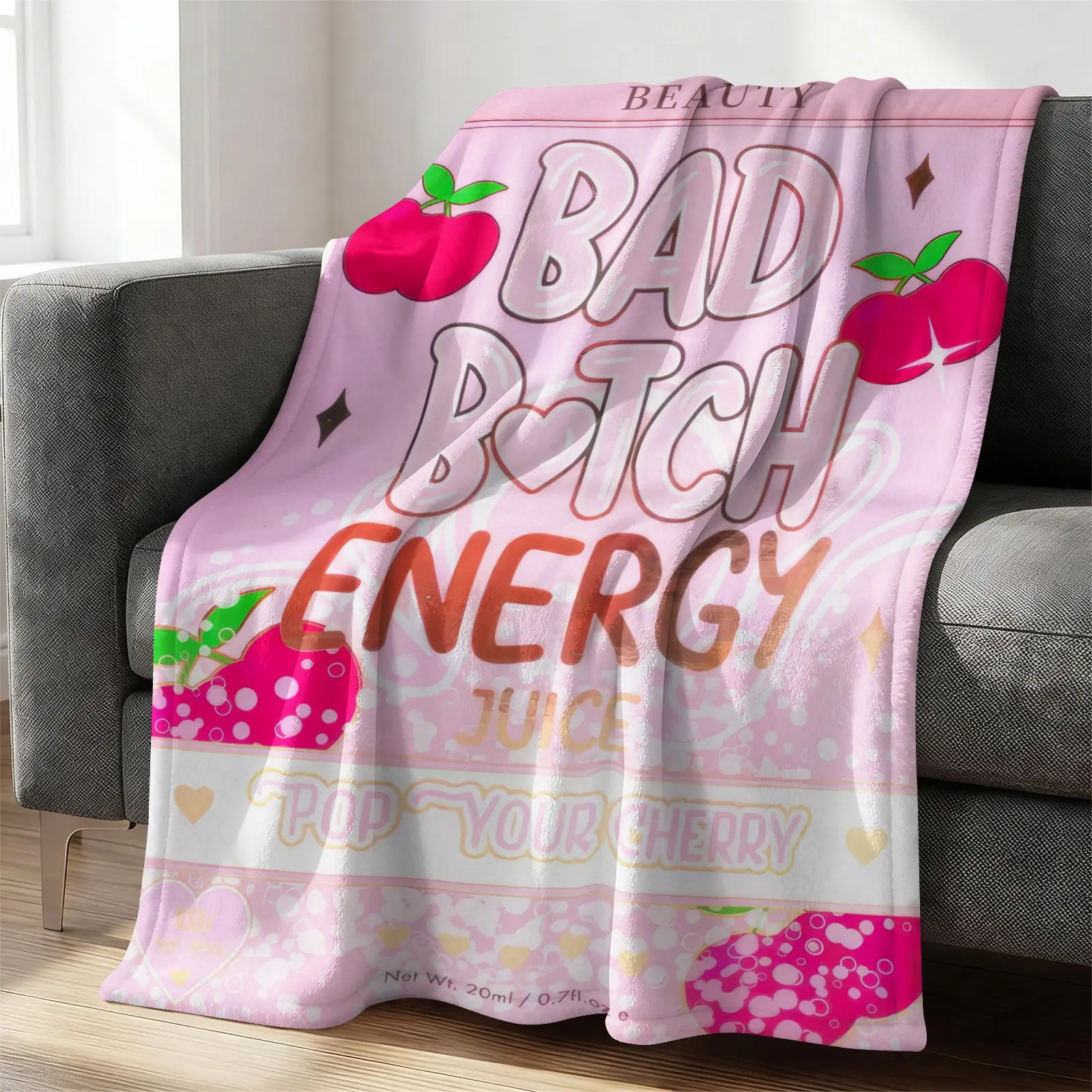Bad Bitch Energy Bubble Heart Print Soft Flannel Blanket,  Trendy Y2K Pure Aesthetic Pink Cherry Juice Bottle Design. Ultra-Plush Warm Blanket For All Seasons, Works For Sofas, Beds, Farm And Camping, Sweet Cool Girls’ Bedroom Decor, Super Soft Blanket