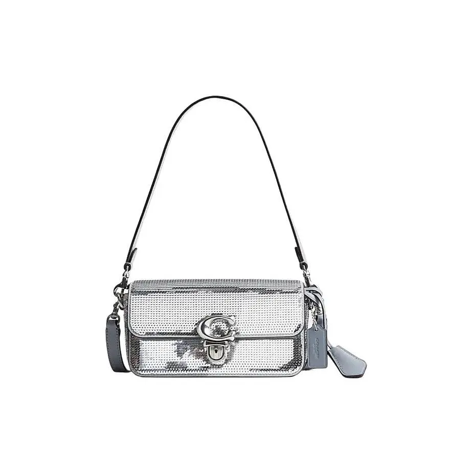 Coach Studio 20 Logo Embellished Clutch Bag for Women, Loaf-Shaped Crossbody Shoulder Bag, Silver