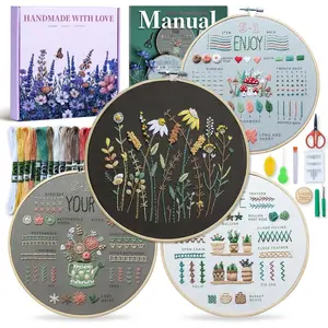 Embroidery Kit for Adults, Step-by-Step Starter Set with 4K Video Tutorials & Pre-Printed Patterns, 2 Adjustable Hoops,   Minder, Relaxing Craft  for Women & Teens