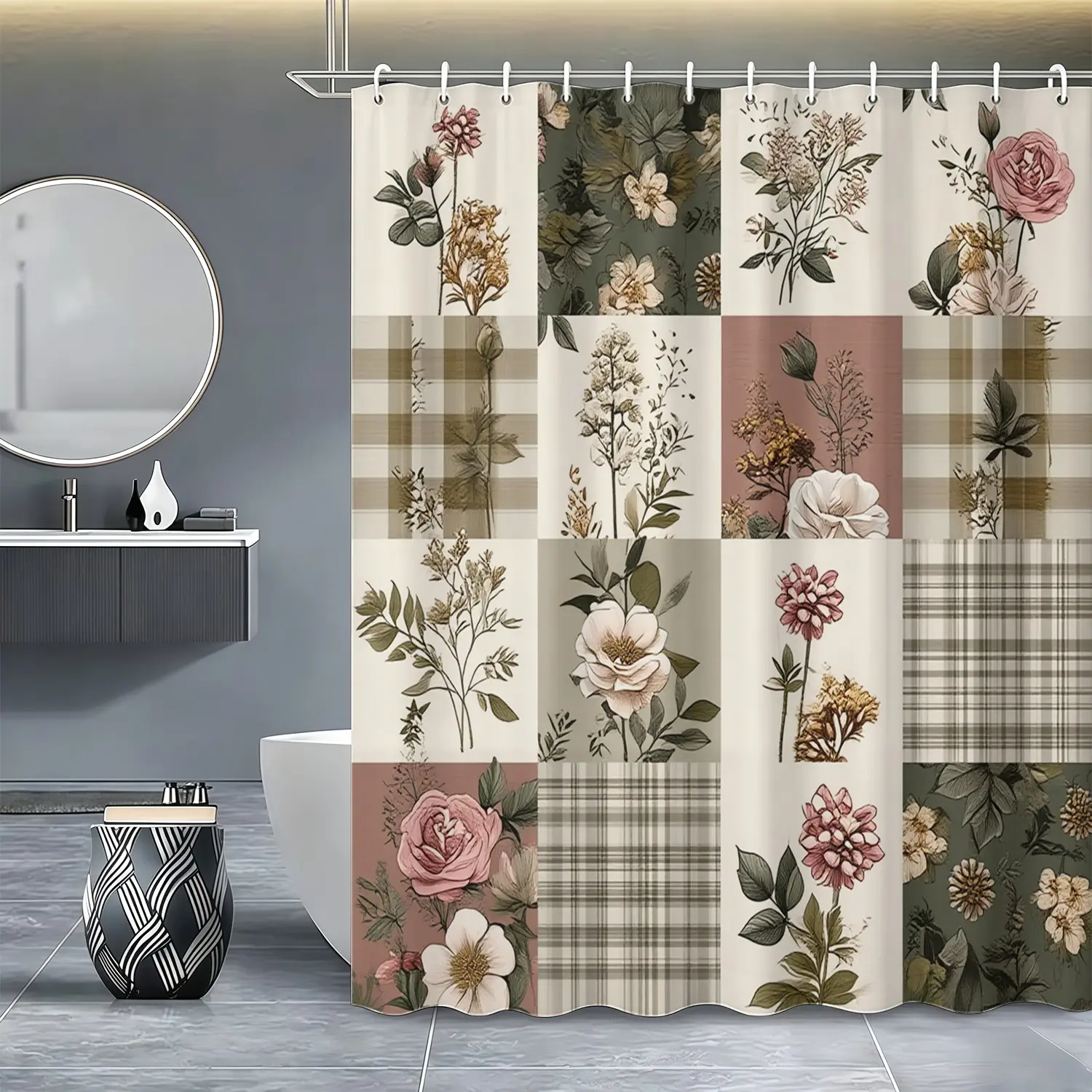1pcs Muted Sage Floral Plaid Patchwork Printed Aesthetic Shower Curtain, Vintage Rose Wildflower Print, Neutral Farmhouse Bath Screen, Rustic Cottage Home Decor