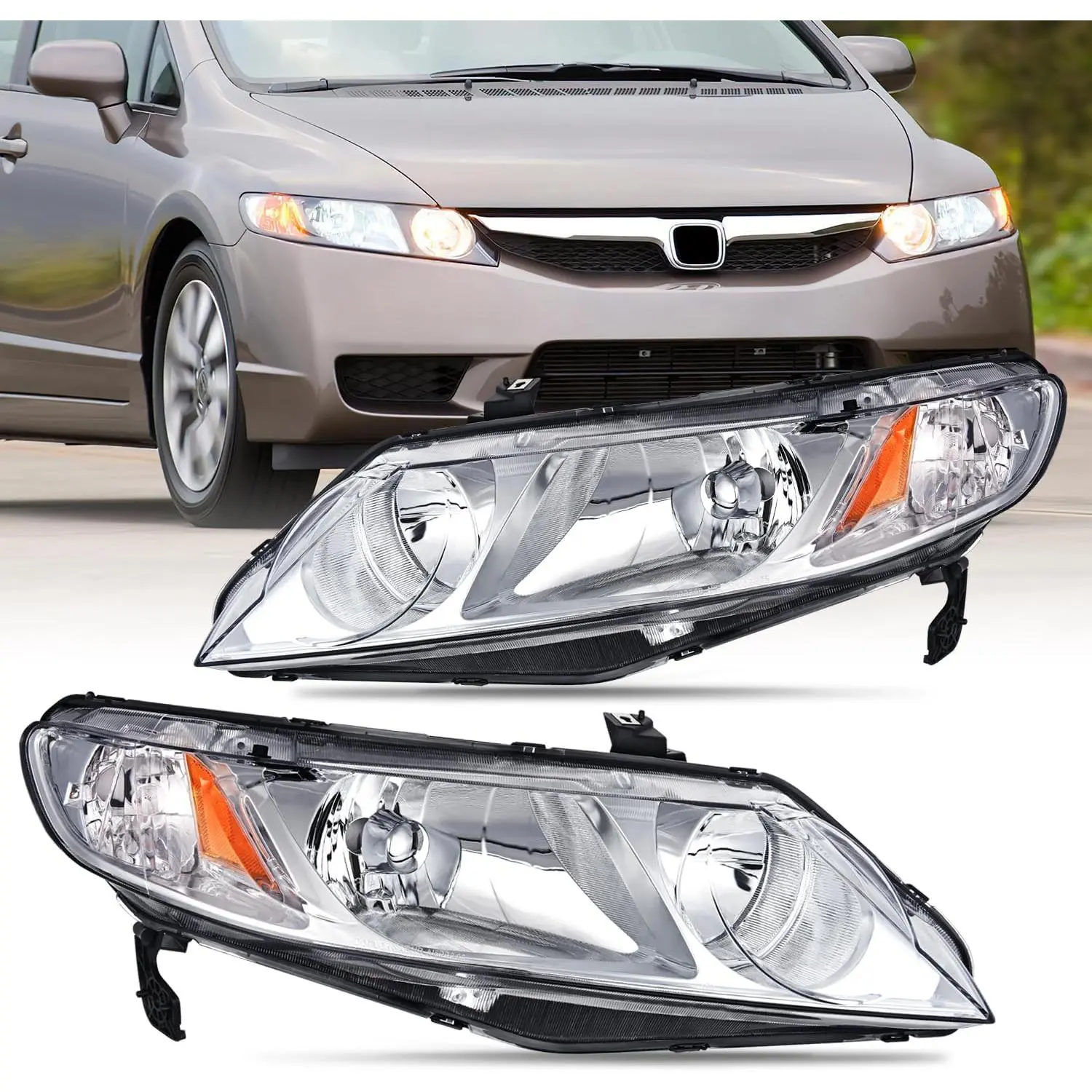 Nilight Chrome Headlights Assembly - Brightening, Adjustable, Waterproof Car Lighting for 2006-2011 Honda Civic 4-Door, Luminous Driver & Passenger Side Replacement Headlamps with Chrome Housing, Amber Reflector