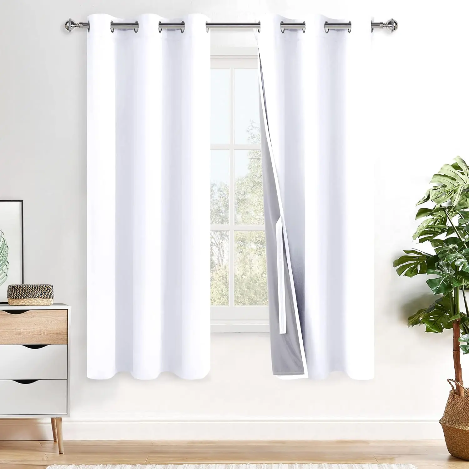 Solid Classical Look 100% Blackout Long Room Darkening Soundproof Curtains - Heat-Blocking Grommet Top Window Panels with Black Liner, Tiebacks for Bedroom, W42 x L63, Set of 2