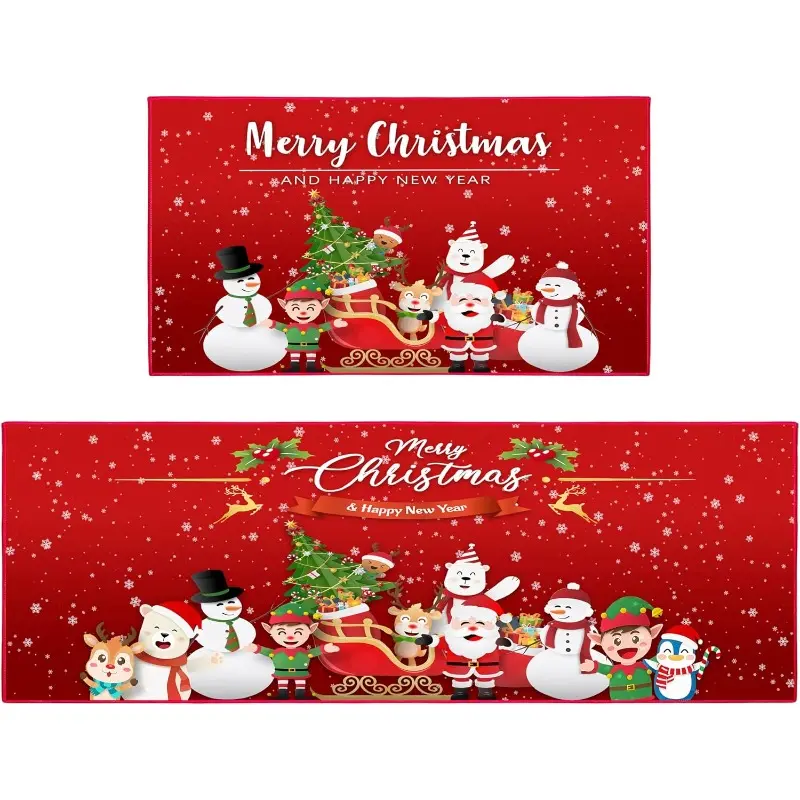2 Pcs Christmas Kitchen Rugs and Mats, Merry Christmas and Happy New Year Kitchen Decor Non-Slip Floor Mat Sets, Washable Microfiber Kitchen Carpet 18*48in+16*24in