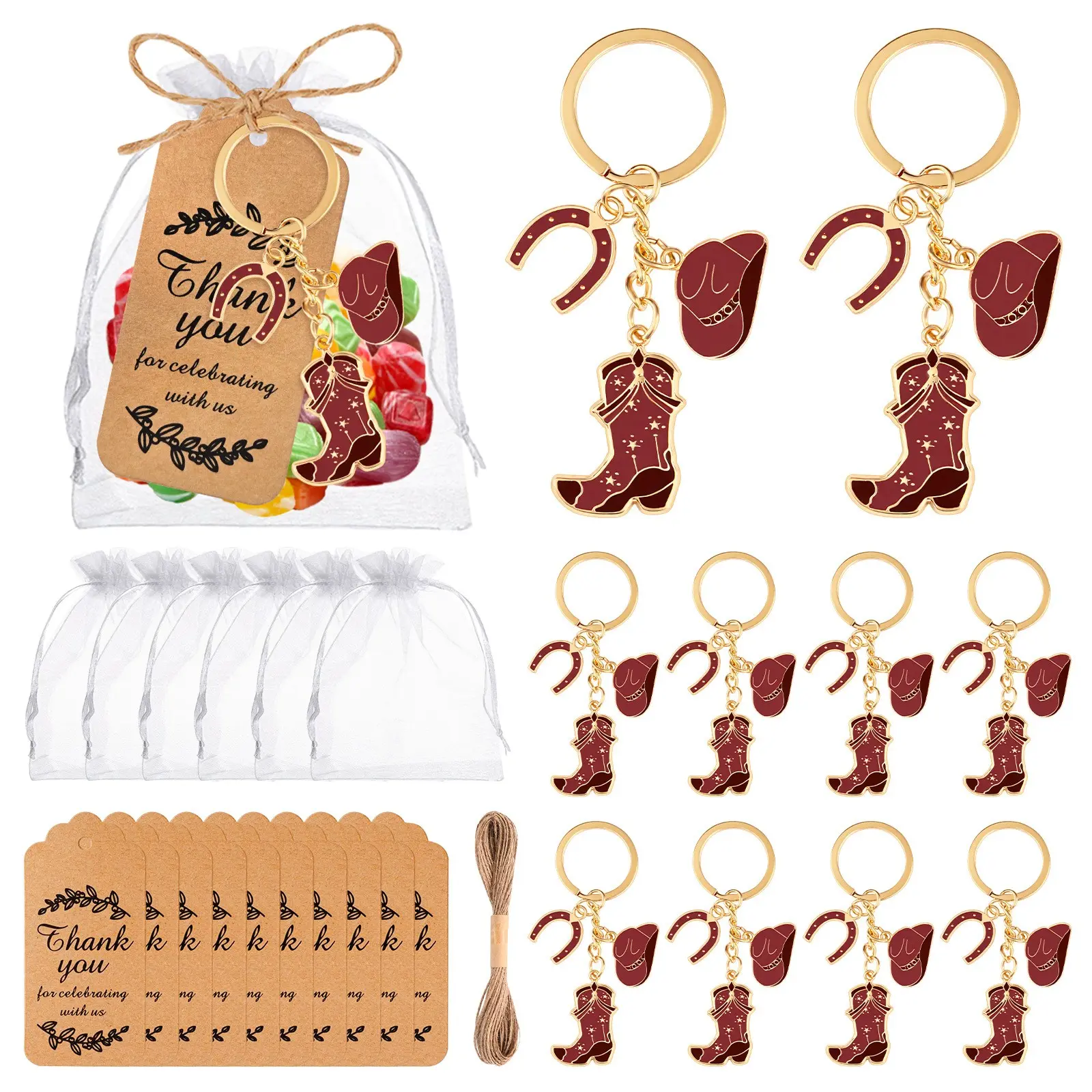 10sets/30pcs Keychain Set, Western Cowgirl Zinc Alloy, Includes 10 keychains+10 cards and 10 bags，Denim Style Party Favors with Hats & Boots, Cute Country Star Boot Hat Keychains, Keychain Accessories, Cute Keychains, wedding decor, wedding gifts