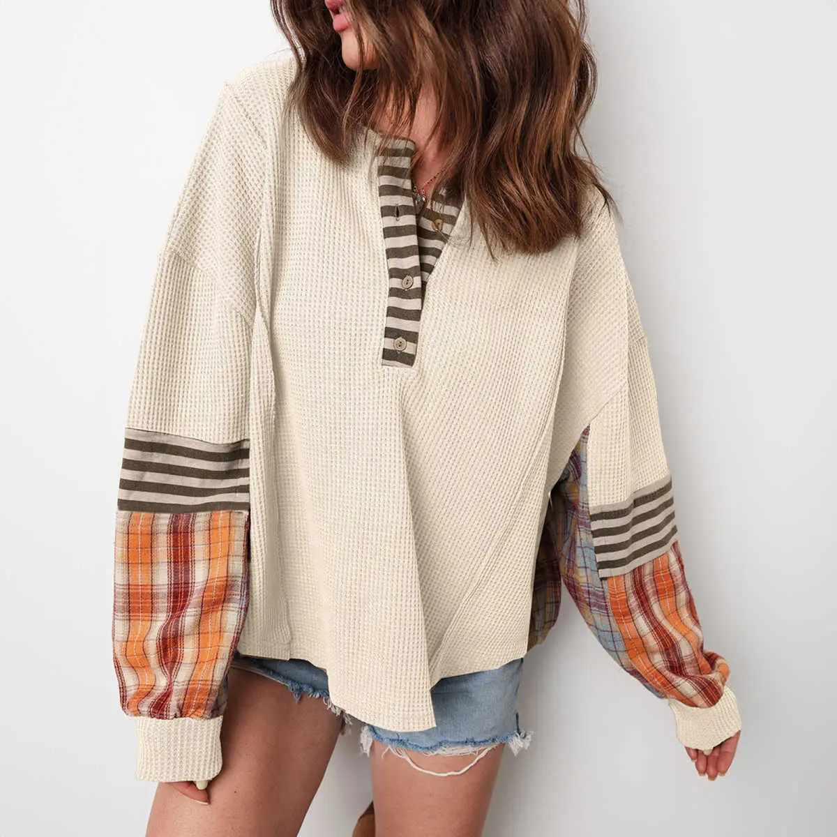 Beige Waffle Stripe Plaid Patchwork Henley Knit Top