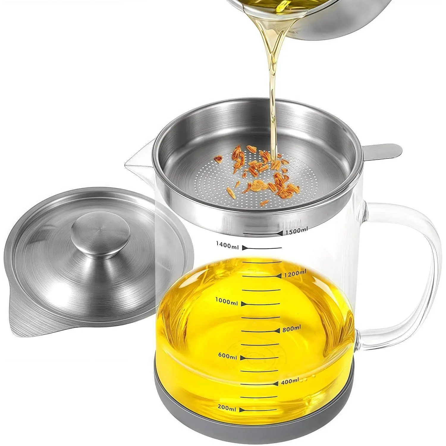 Bacon  Saver with Strainer - Large 1.5L  Container for Kitchen with Stainless Steel Filter,  Oil Storage & Bacon Drippings Keeper (50oz, Borosilicate Glass, Non-Slip Base)