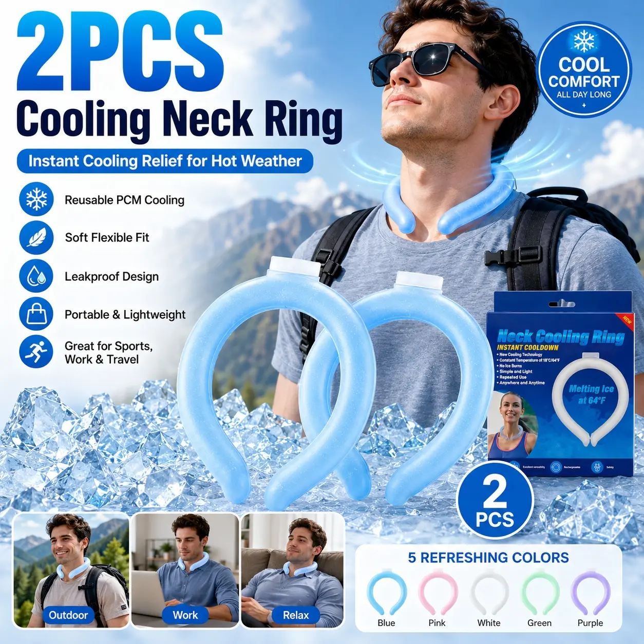 2PCS Neck Cooler Ring Wearable Ice Cooling Collar, Portable Reusable Summer Cooling Tube with Soft Flexible Leakproof PCM Gel, Instant Cold Relief Neck Wrap for Hot Weather, Cooling Gear, Sports Running Hiking Camping Office Travel Outdoor Activities