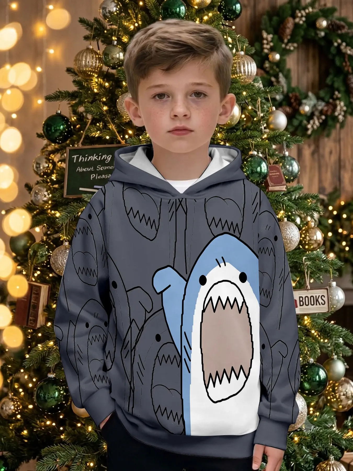 Cartoon Great Shark Full Print Boys' Hooded Sweatshirt, Fun Shark Long Sleeve Top, Perfect for Outdoor, Christmas Gift