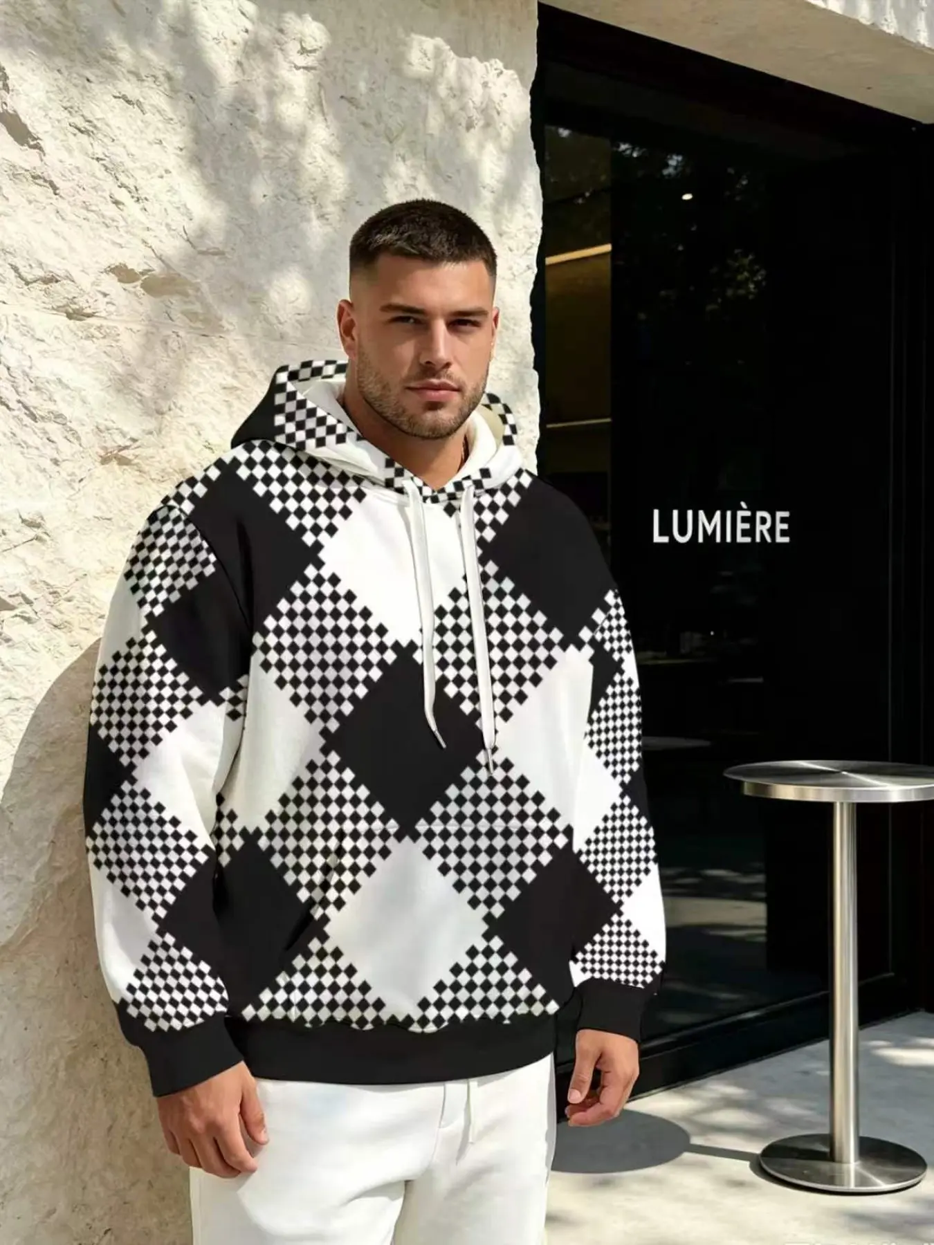 Men's High Street Fashion Checkered Hoodie, Casual Long Sleeve Fitted Sweatshirt, Geometric Pattern, All Seasons