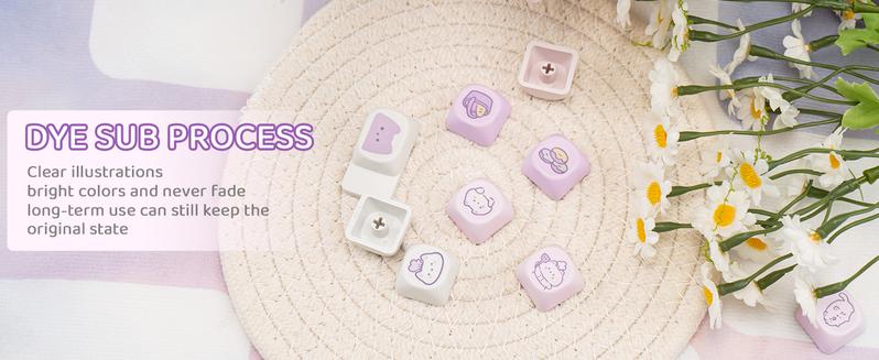 COOMICKEY PBT Keycaps MOA Profile 132 Keys Dye Sublimation Purple Cute Cat Customized Set for ANSI Cherry MX Switches Mechanical Keyboards with Keycap Puller