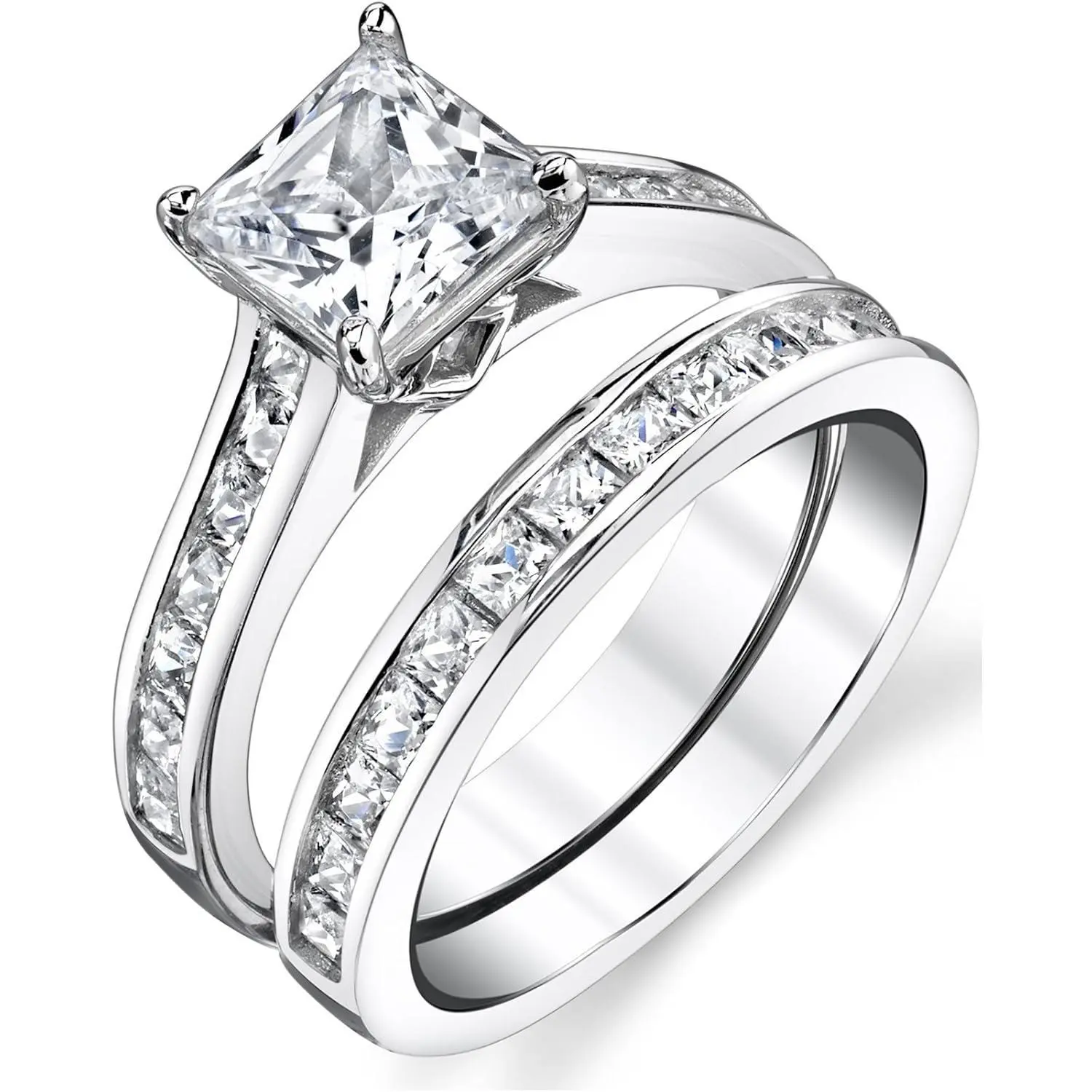 Silver Cubic Zirconia Bridal Set Engagement Wedding Ring Bands Princess Cut