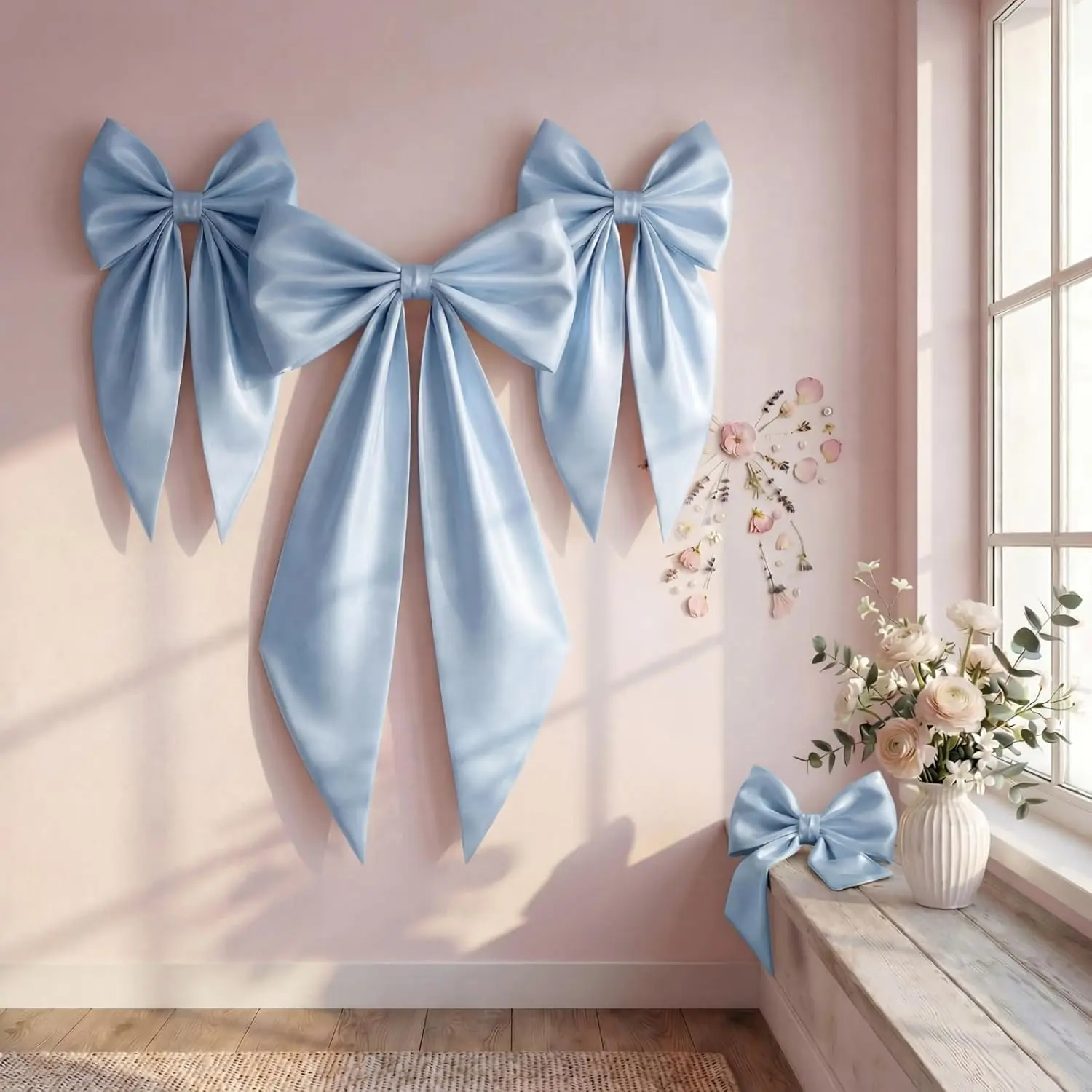 Crowye Giant Satin Bow Set for Wall, Room Decoration - 40x24in Baby Blue Piece + 6 Pcs 23x12in Coquette Bows for Hanging Backdrop Use at Baby Shower, Wedding