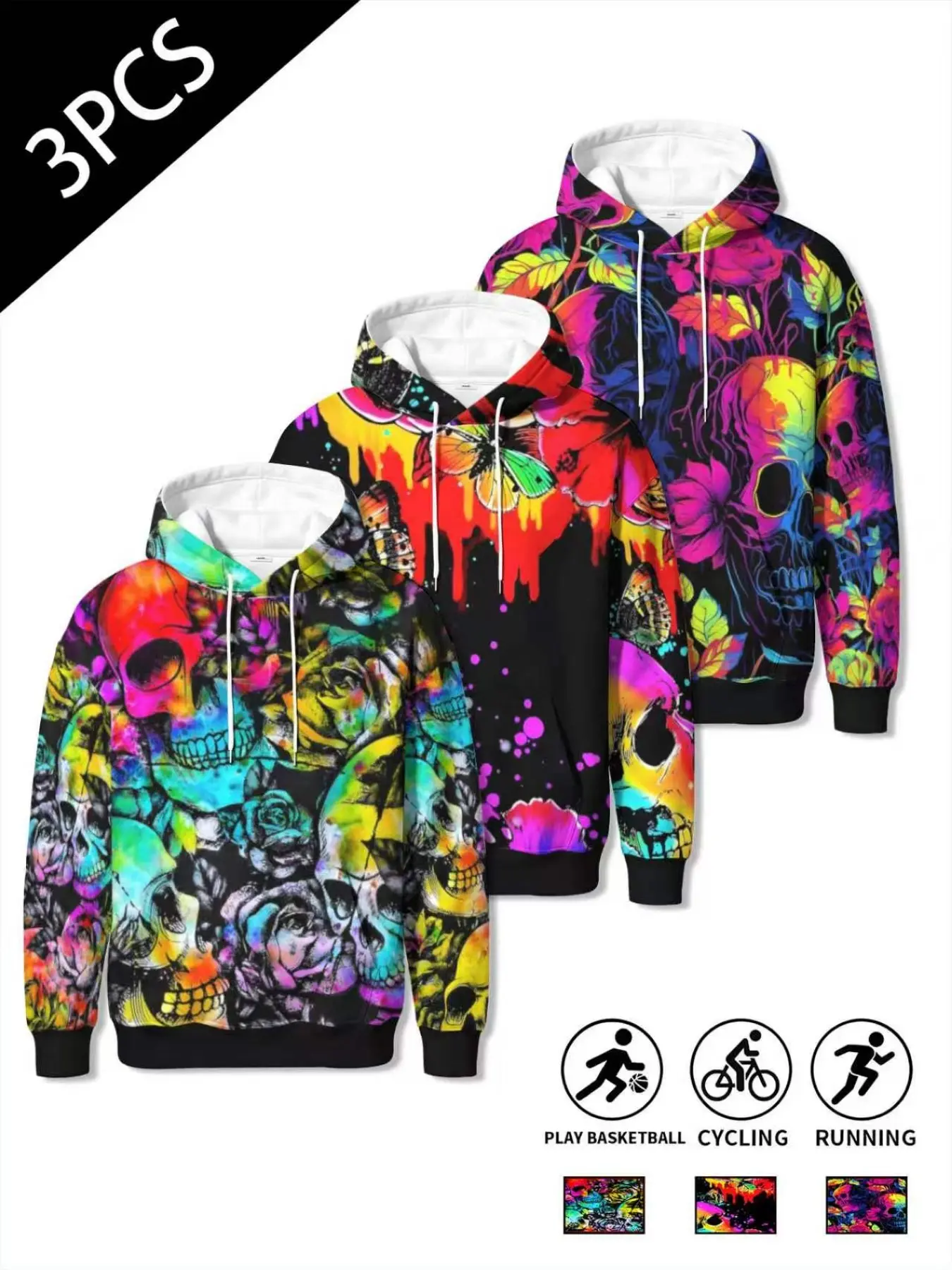 3-Piece Colorful Skeleton Rose Butterfly All-Over Print Hoodie Set for Men and Women, Vintage Tie-Dye Graffiti Pullover Hoodie, Casual Streetwear for All Seasons