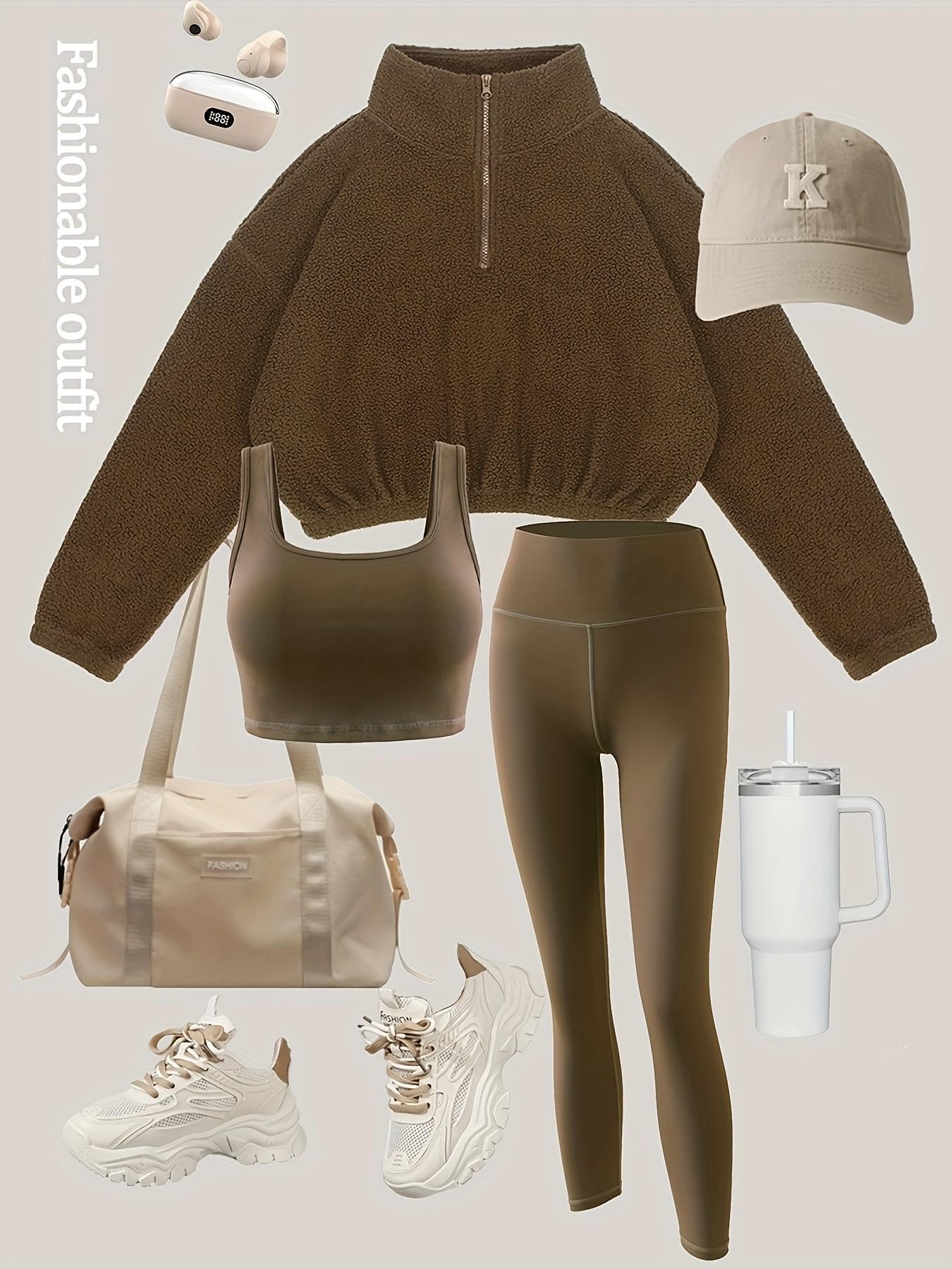 Amoyer 3-Piece Tracksuit Set for Women, fleece-lined zip jacket + top + high-waist pants, cozy winter activewear for gym, running, travel