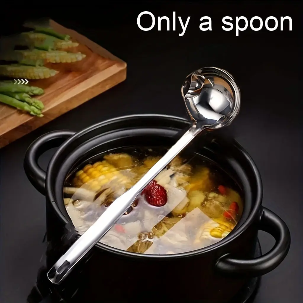 Stainless Steel Multi-Functional Strainer, Dual Compartment Design, Ergonomic Handle, Soup Spoon, Oil Separator, Yogurt Scoop