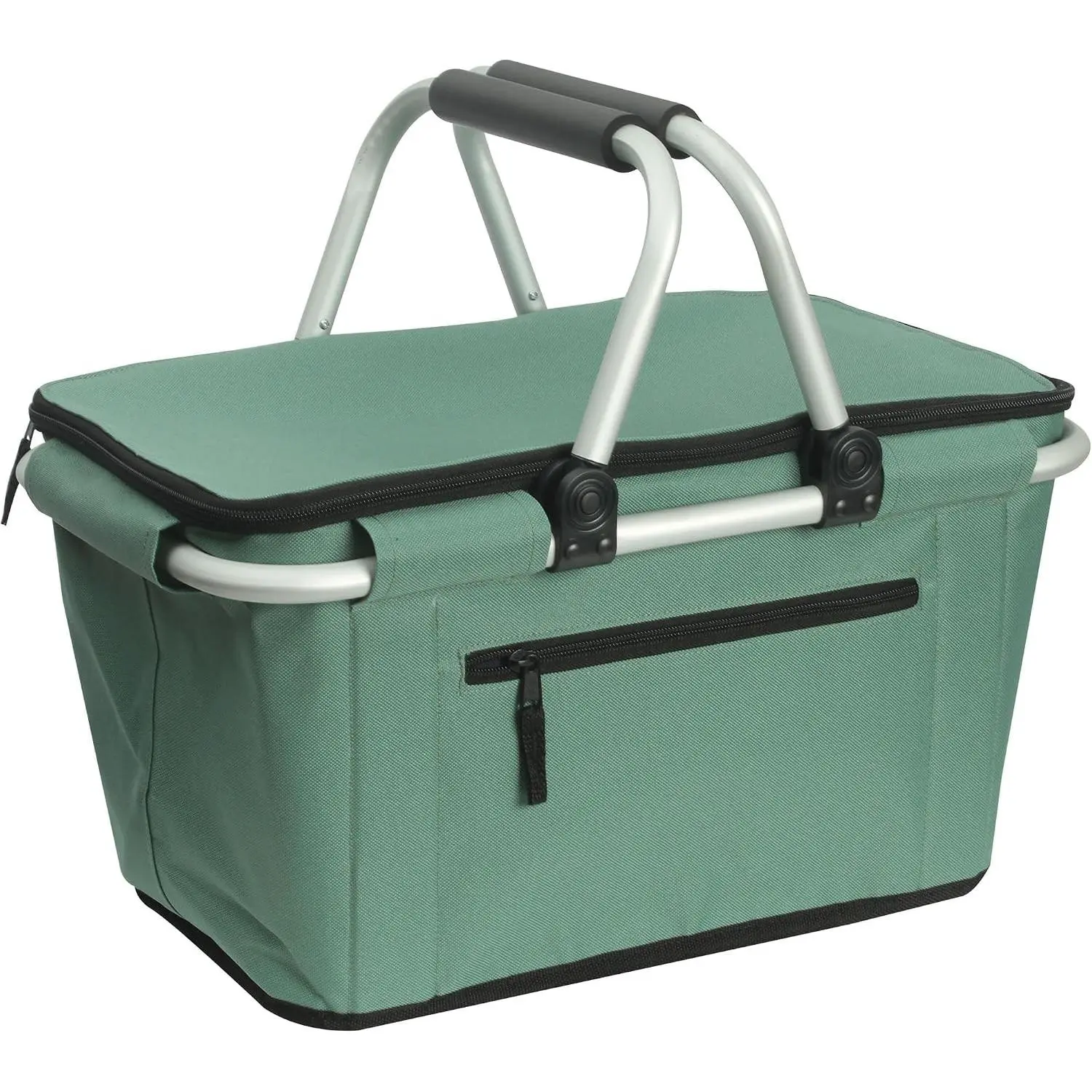 Picnic Basket, Collapsible Shopping Basket with Handles 27L Large Market Basket with Lid Reusable Folding Grocery Basket Insulated Cooler Bag, Green