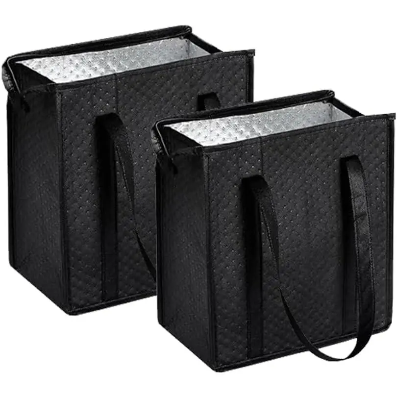 2-Pack 18L Black Insulated Grocery Bags with Zipper | Reusable 3-Layer Insulated Cooler Bags, Foldable for Shopping, Camping & Beach Trips