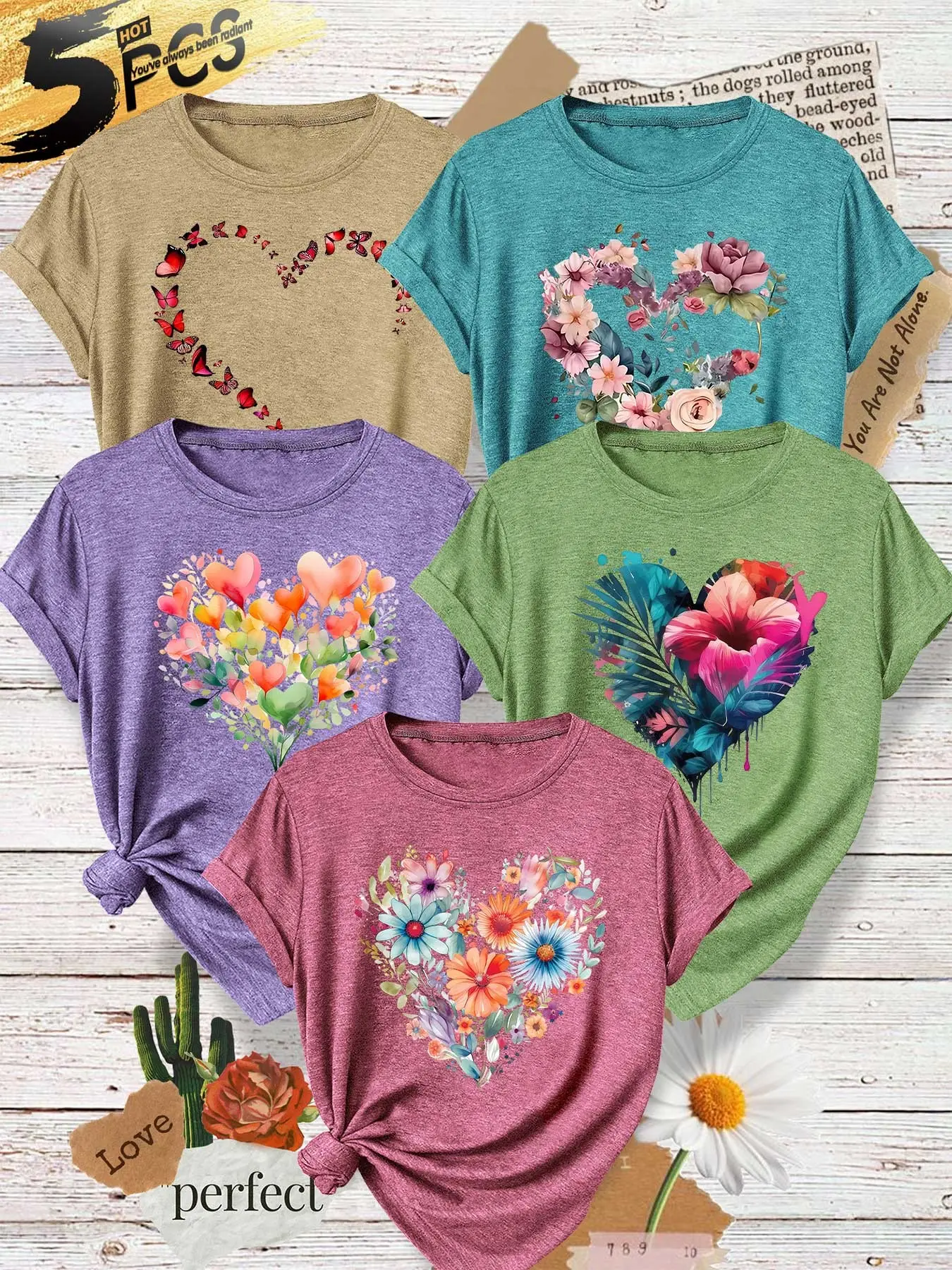Five-Piece Women's Round Neck T-Shirts, Floral Butterfly Heart Print, Soft Comfortable, Casual Fashion Top for Spring Summer