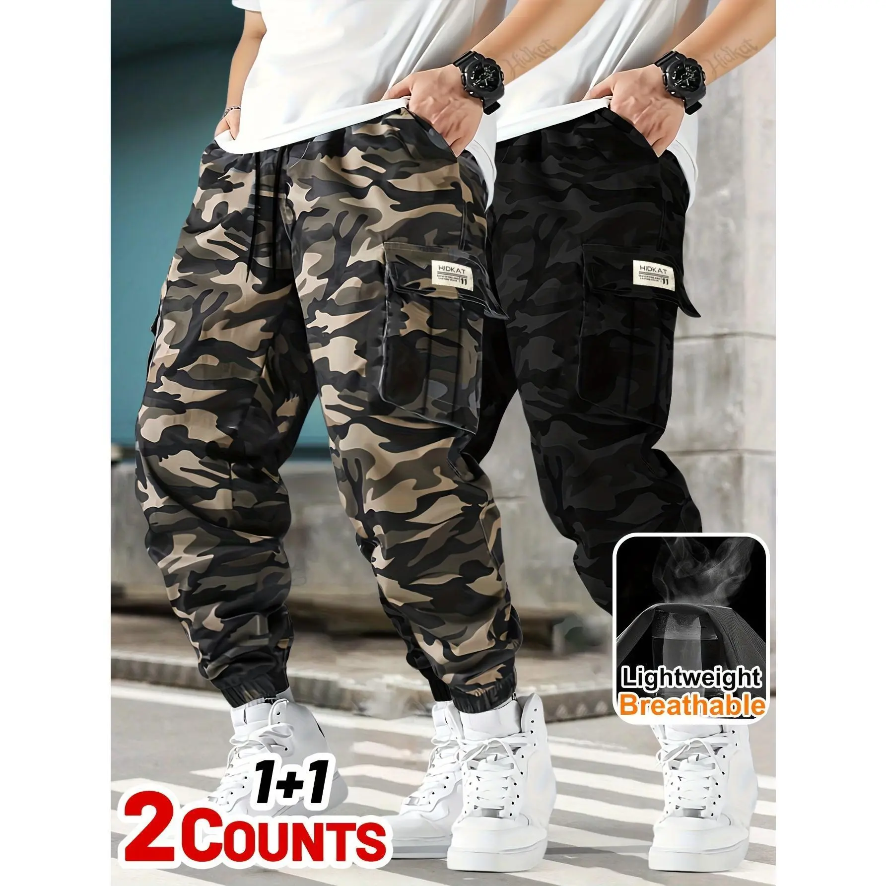 Men’s 2-Pack Camouflage Cargo Joggers - Breathable Lightweight Menswear Pants with Drawstring Waist, Double & Multi-Pockets, Loose Fit for Casual Workwear Outdoor Use, All Seasons Easy Movement, Army Camo Men's Pants, Camo Print Men's Pants