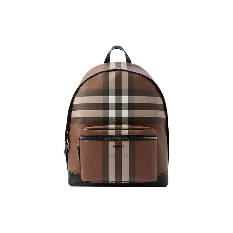 Burberry 3D Logo Zippered Check Pattern Leather-Trimmed Backpack for Men in Dark Hazel Brown