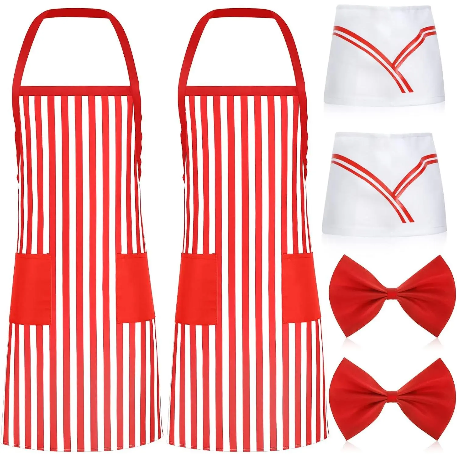 6 Pcs 1950s Soda Jerk Waiter Costume Kit with Striped Apron, Chef Hat, Bow Ties, 2 Pocket, Retro Diner Server Set for Theme Party, Vintage Soda Fountain Worker, Adult SizeGift